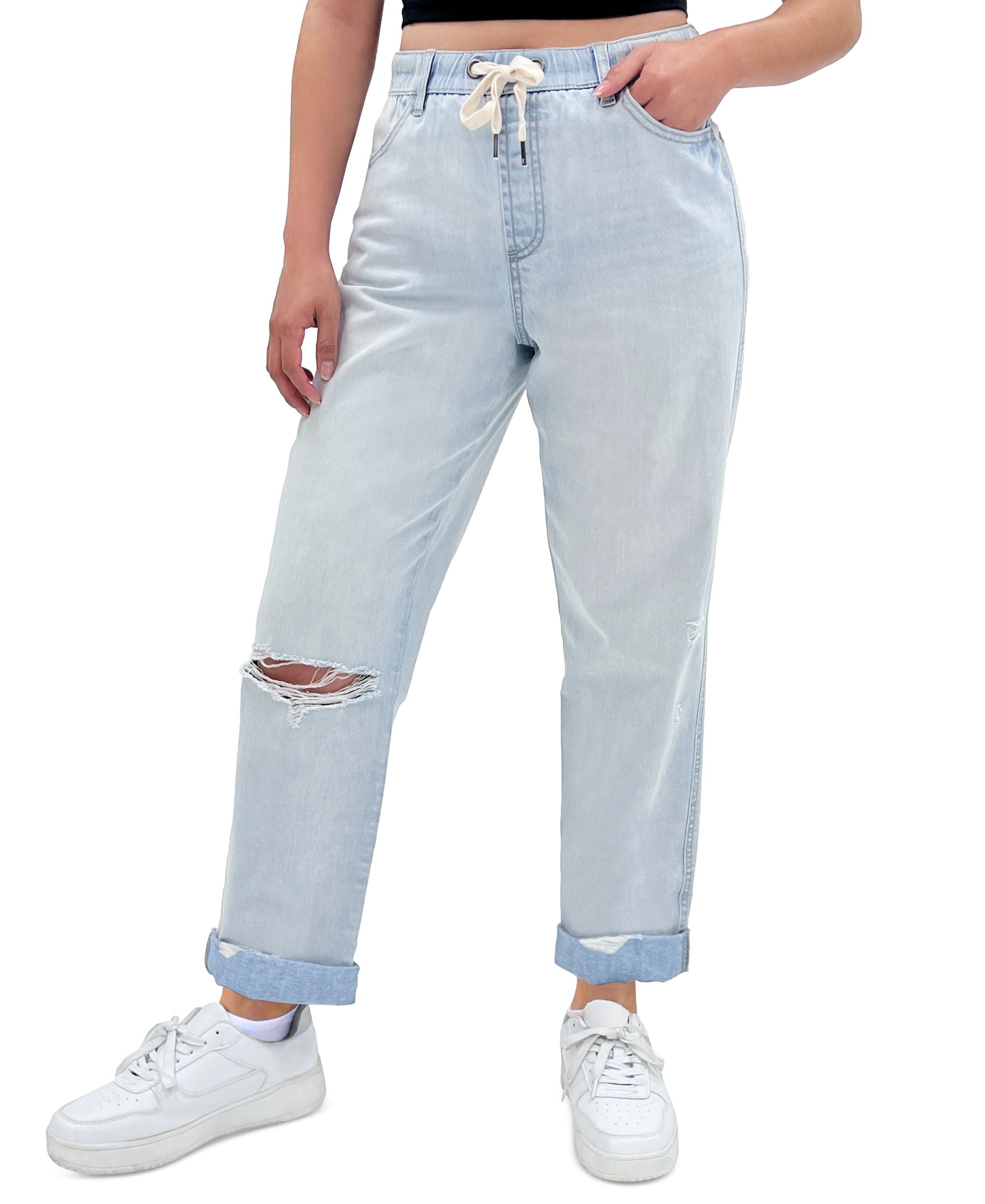 Juniors' Drawstring-Waist Pull-On Boyfriend Jeans