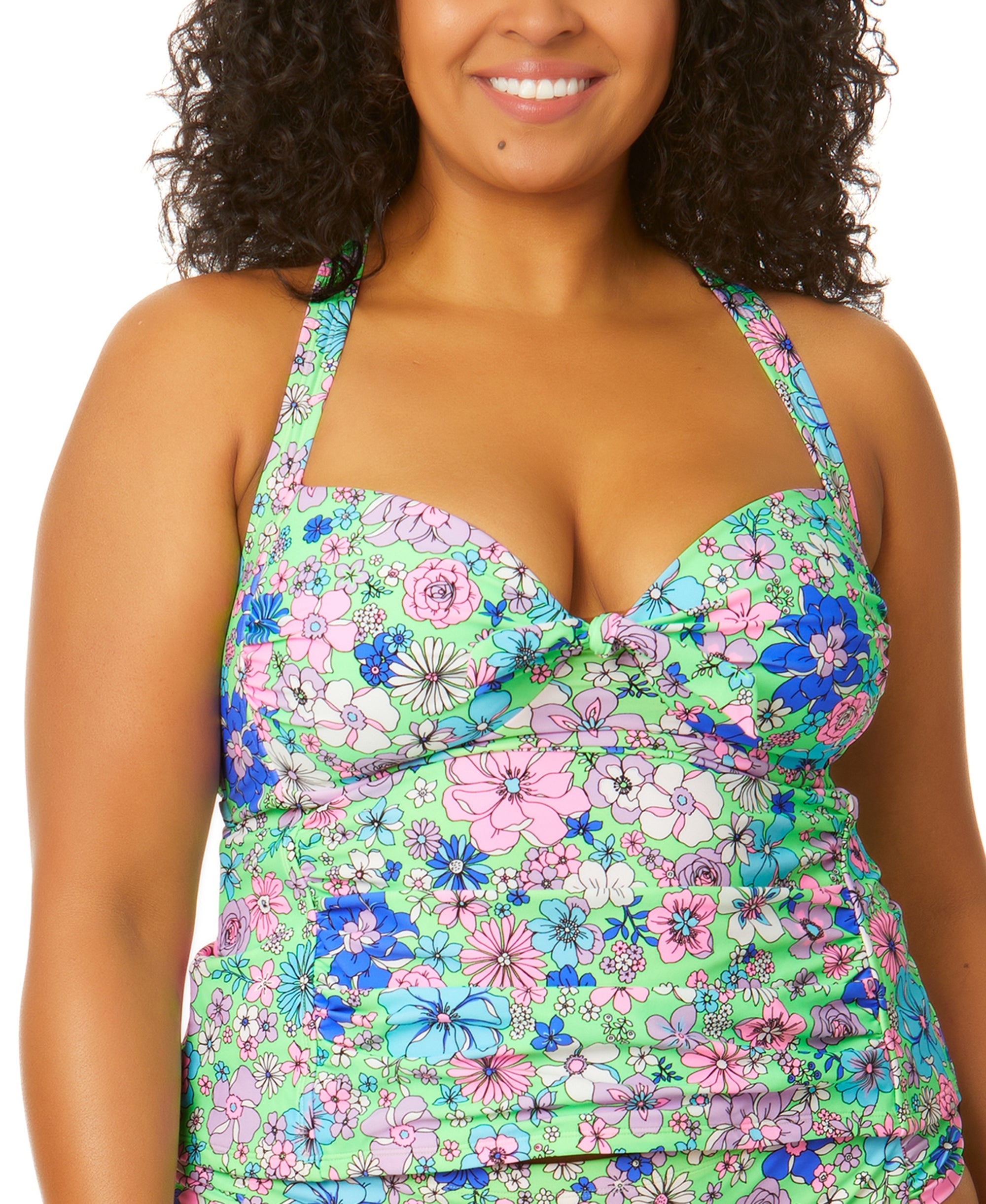 Trendy Plus Size Peony Party Molded-Cup X-Back Tankini Top