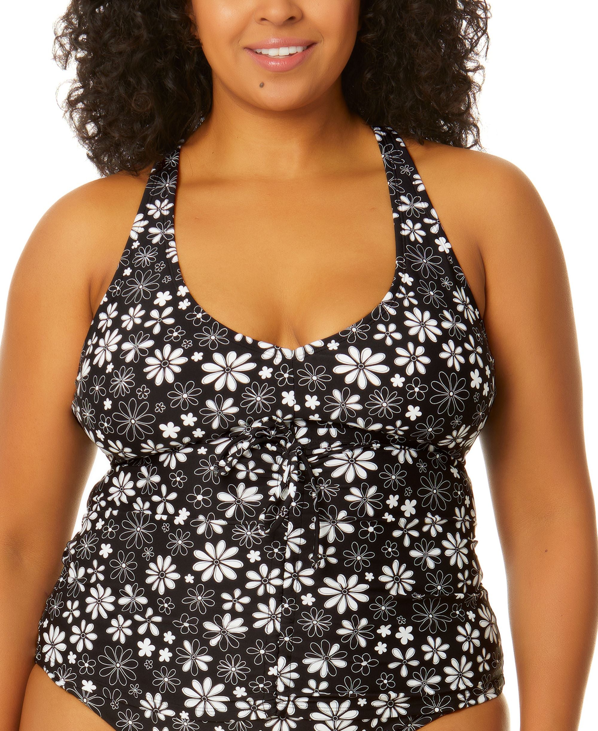 Trendy Plus Size Coastal Fleurs Cinch-Front X-Back Tankini Top