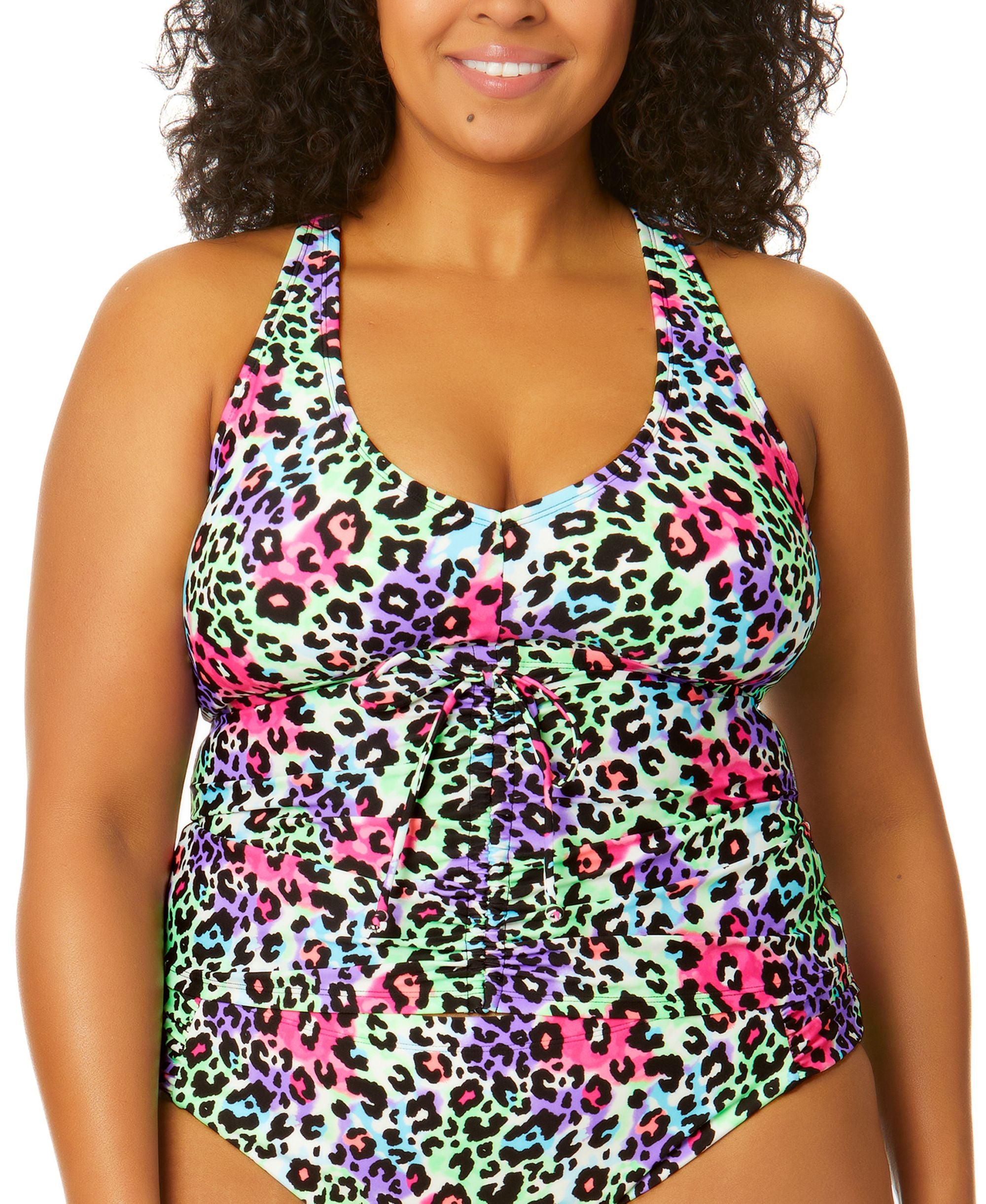 Trendy Plus Size Leopard Love Cinch-Front X-Back Tankini Top