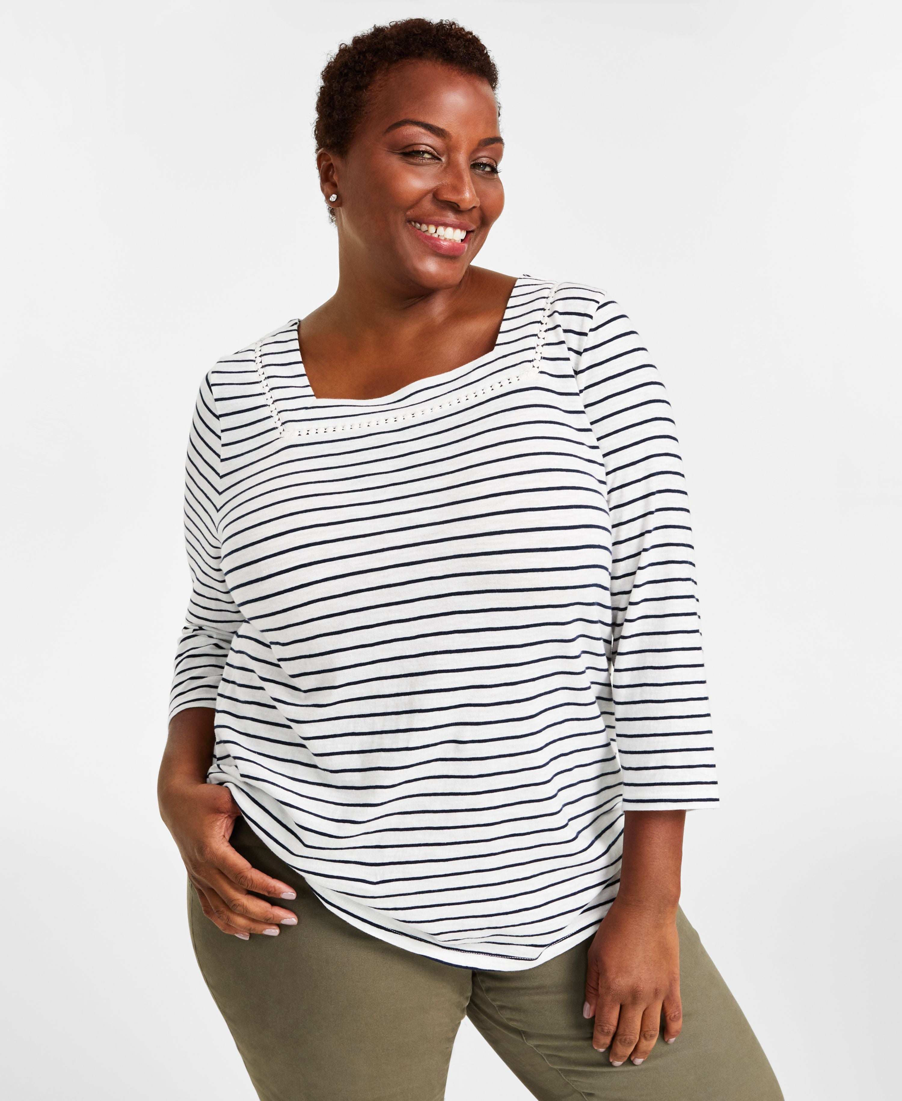 Plus Size Cotton Striped Square-Neck Top