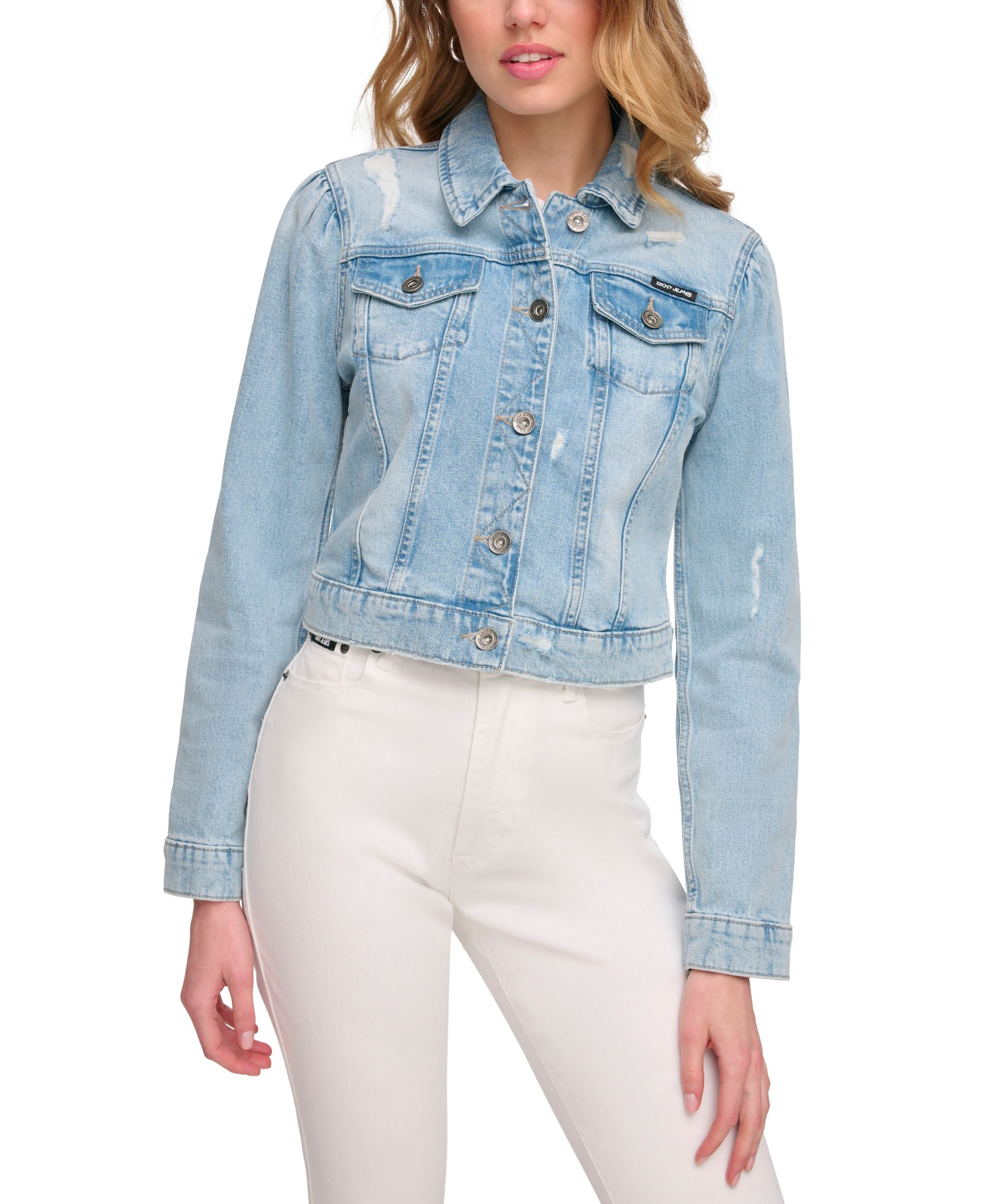 DKNY Jeans Puff Sleeve Distressed Denim Jacket