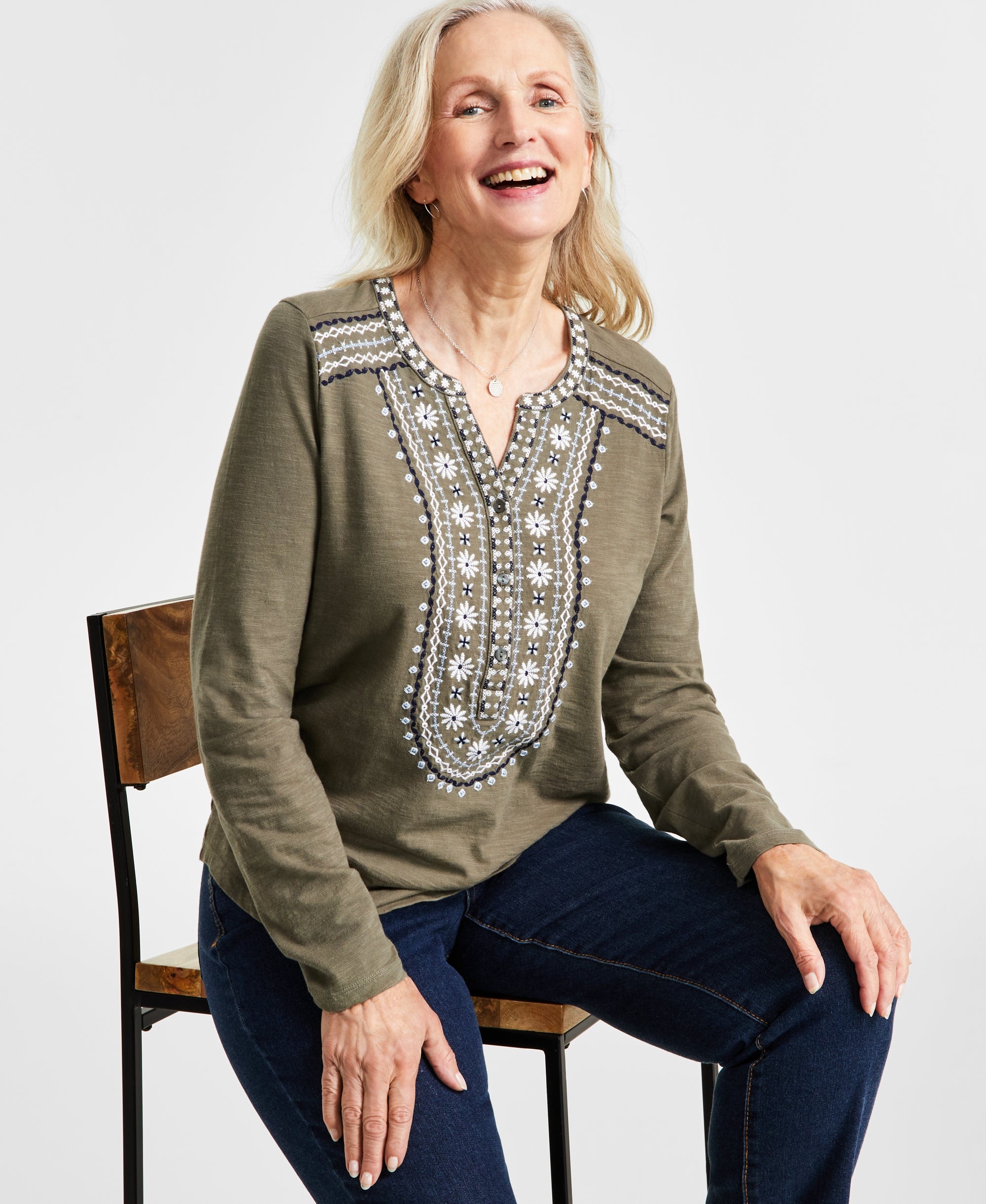 Women's Embroidered Henley Knit Top Geo Olive XL