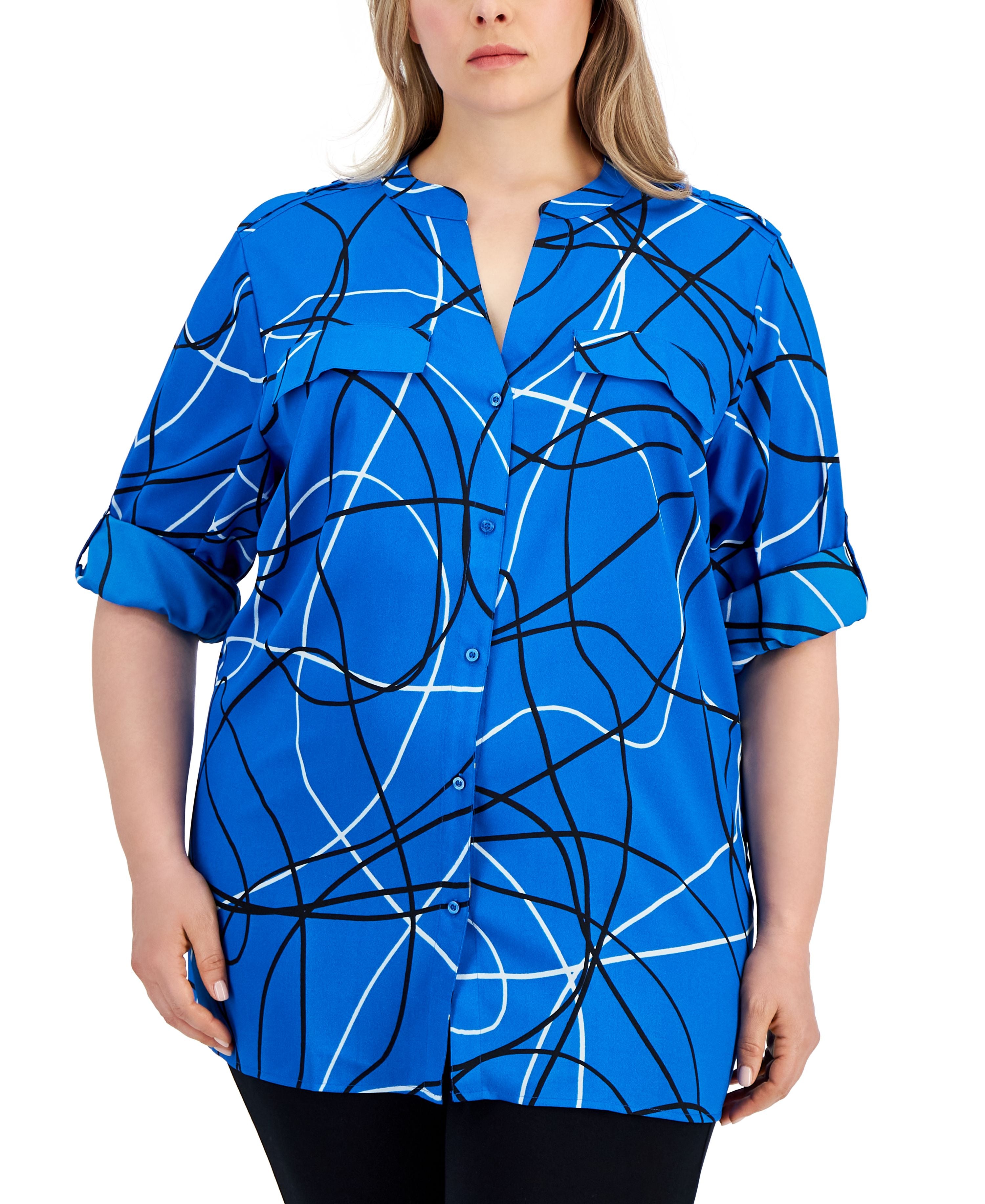 Plus Size Printed Roll-Sleeve Button-Up Shirt