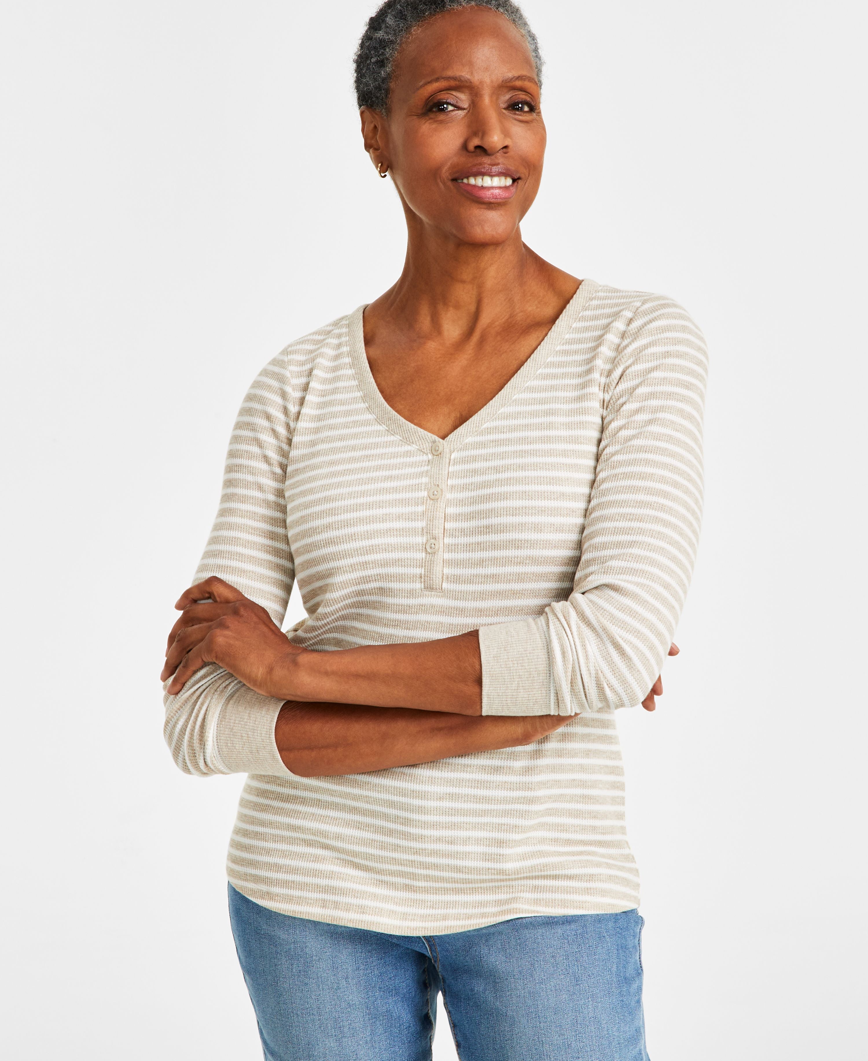 Petite Stripe-Print Waffle-Knit Henley Top