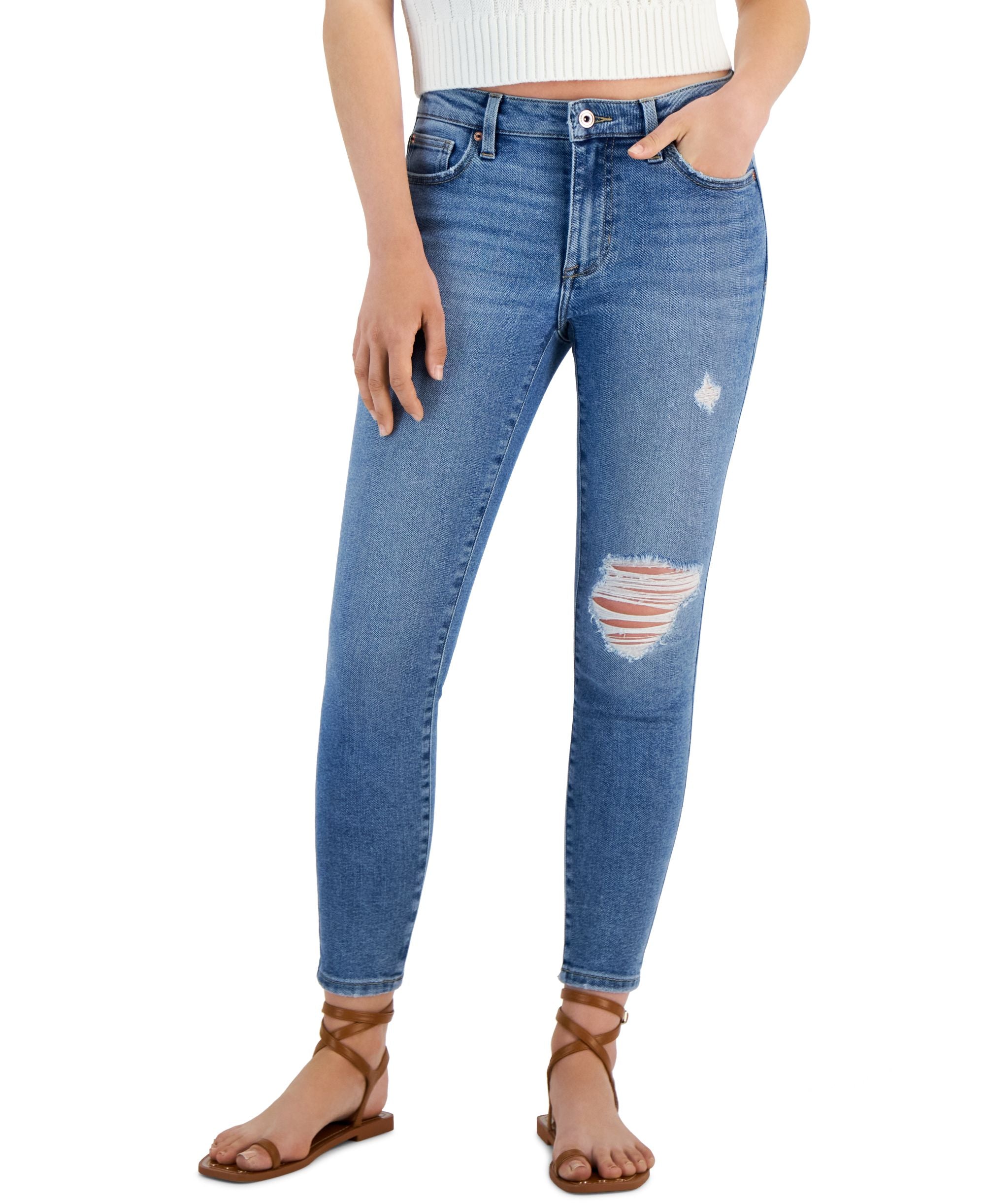 Juniors' Mid Rise Cropped Ankle Skinny Jeans