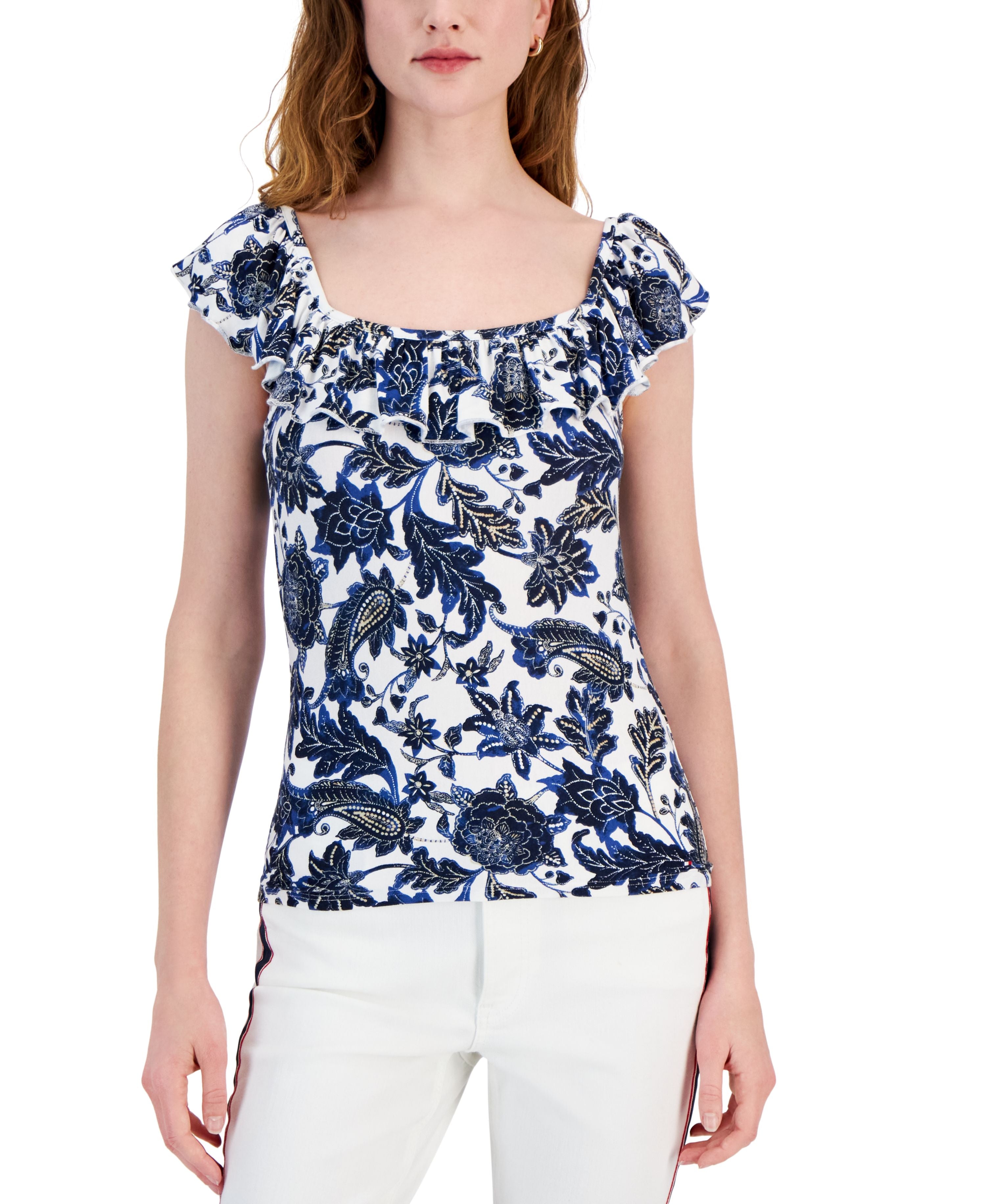 Women's Batik Floral Printed Ruffled Top