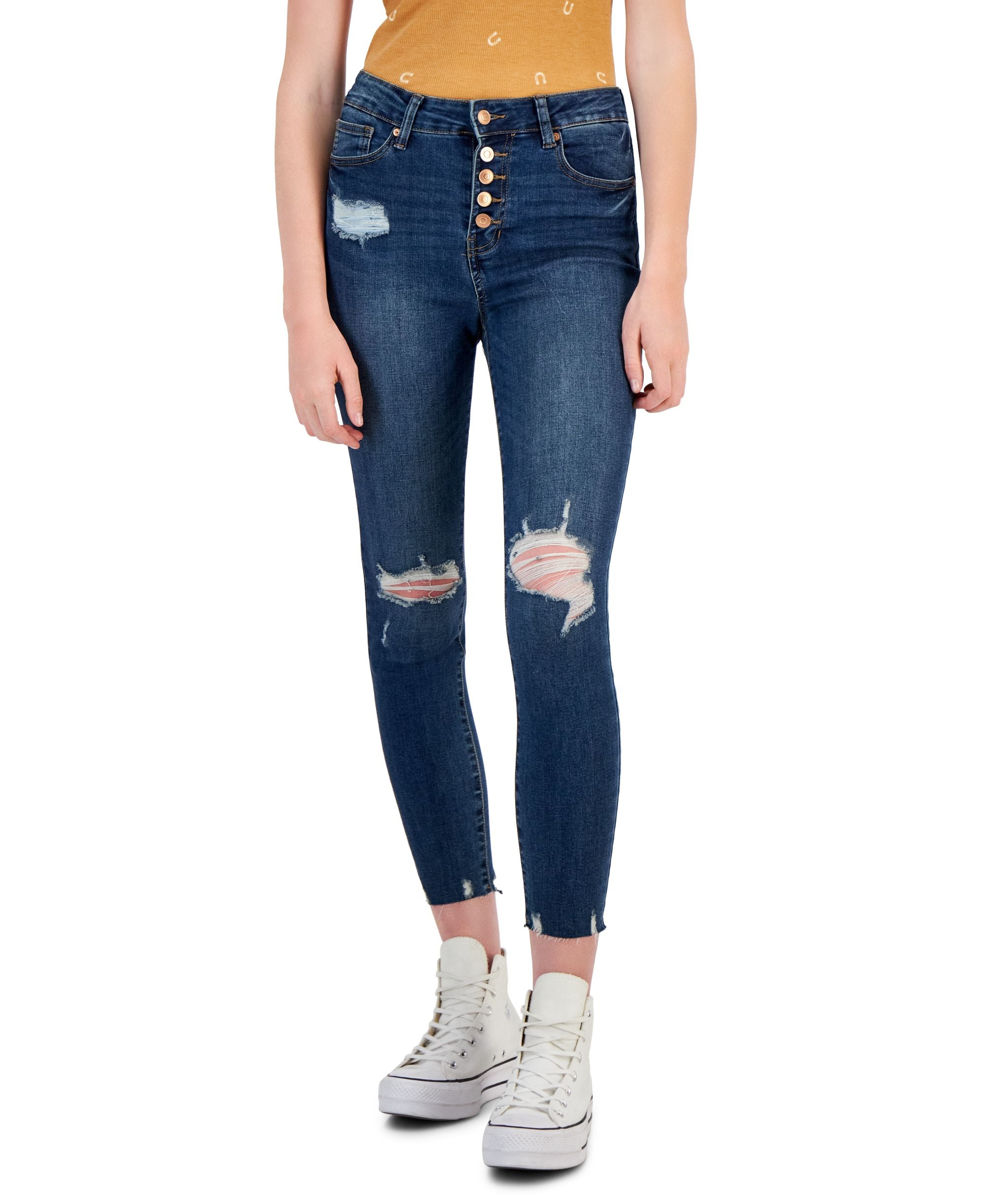 Juniors' Button-Front Curvy Skinny Ankle Jeans