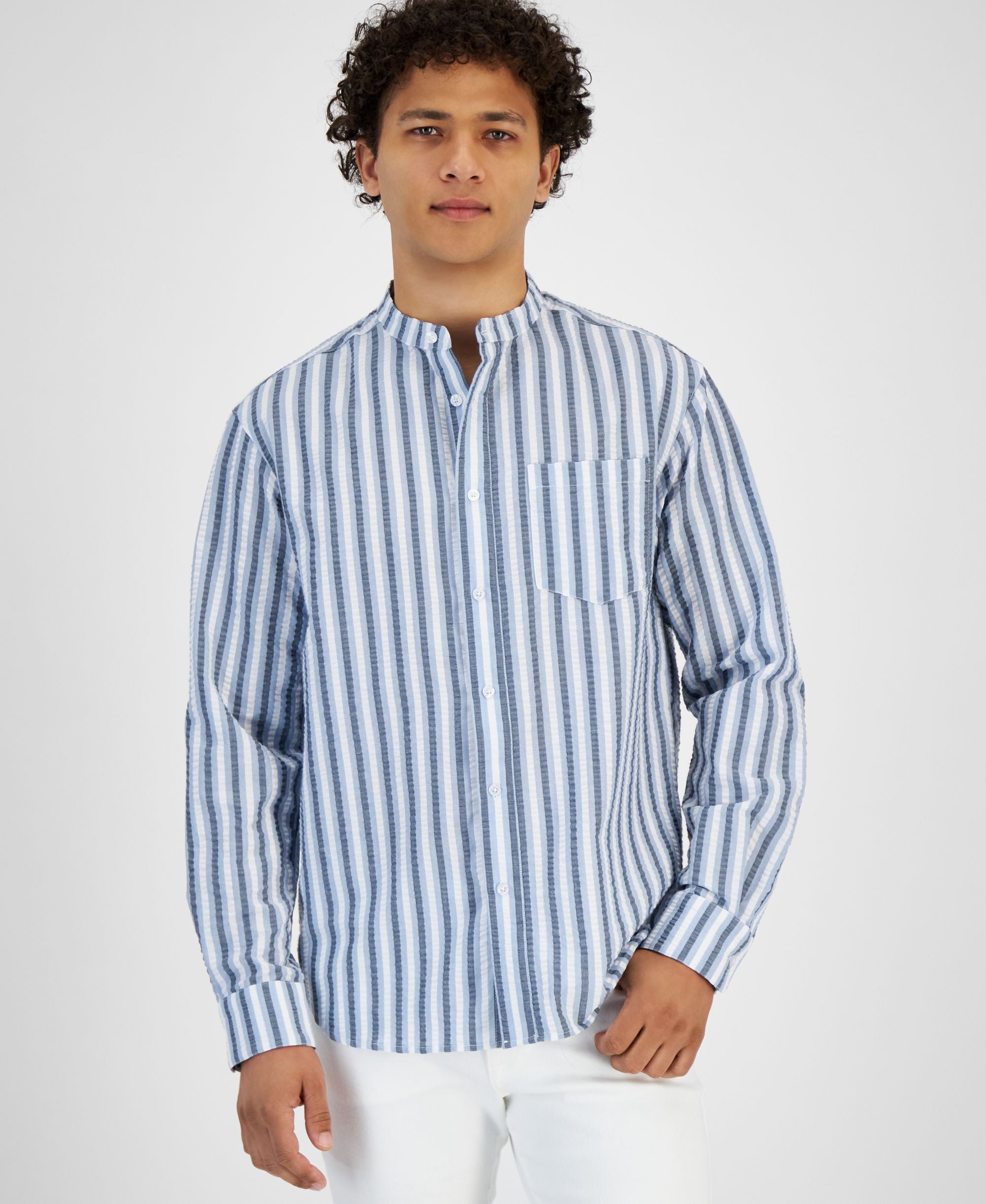 Men's Banded Collar Seersucker Shirt