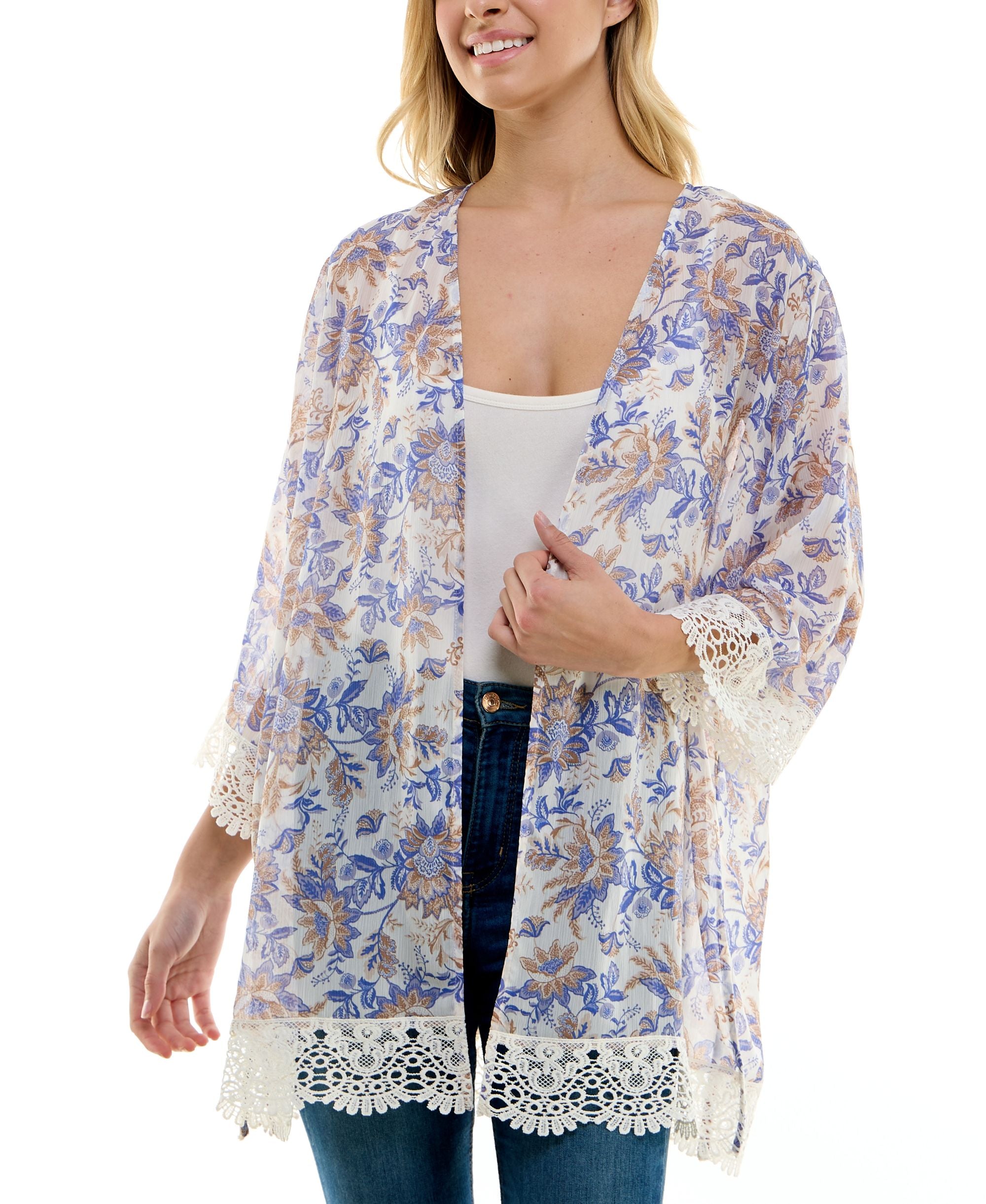 Juniors' Lace-Trim Printed Kimono
