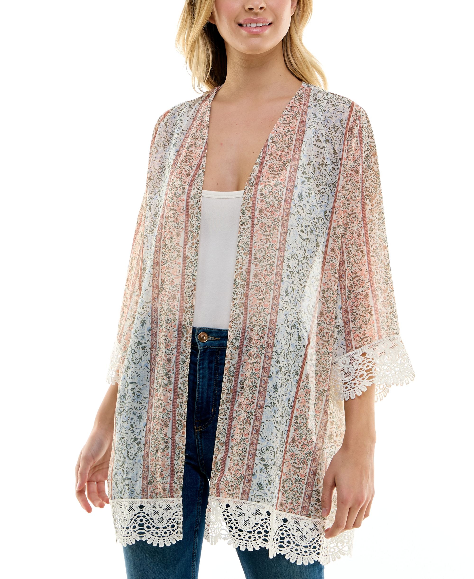 Juniors' Lace-Trim Printed Kimono