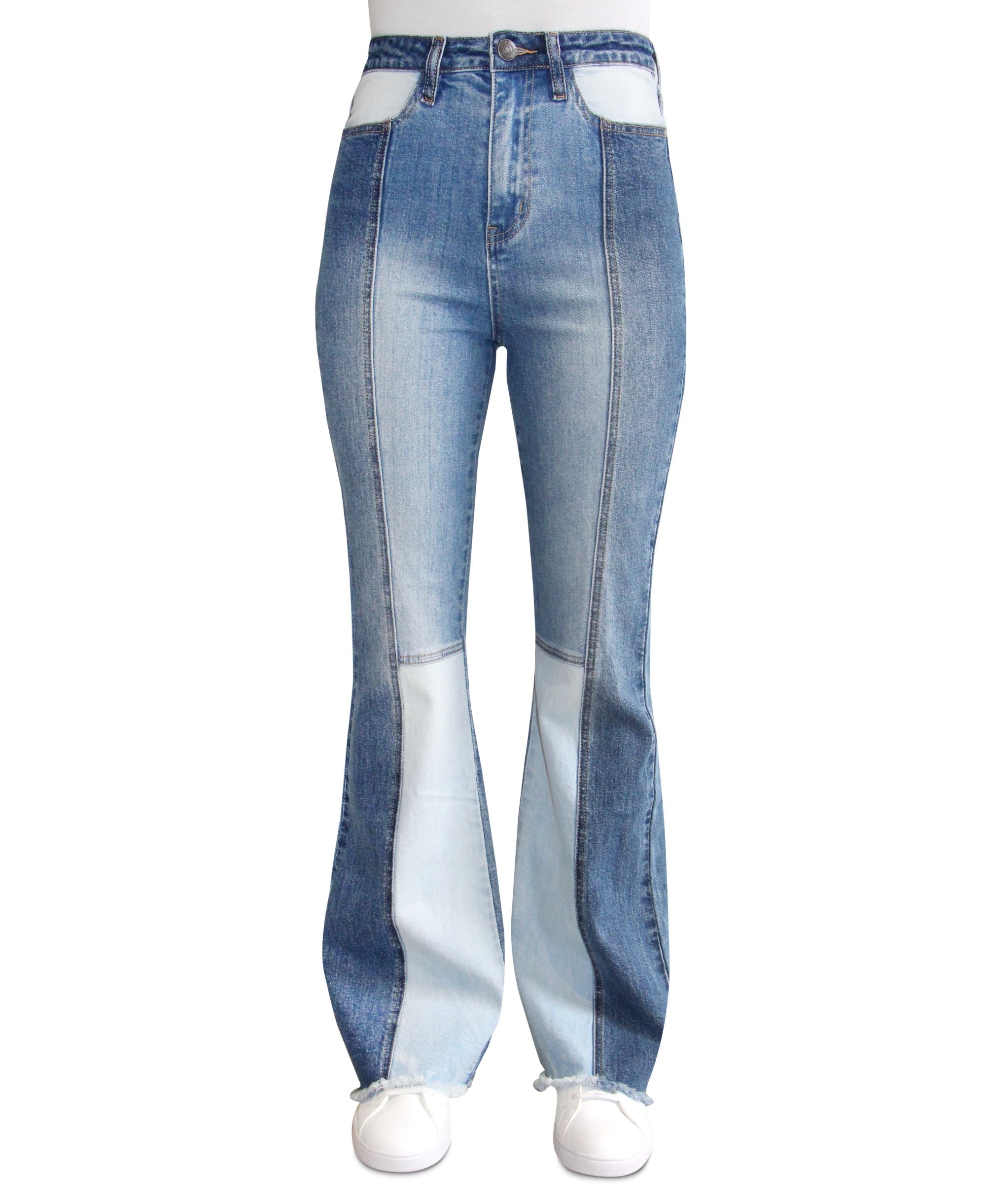 Juniors' Patchwork High-Rise Flared Jeans