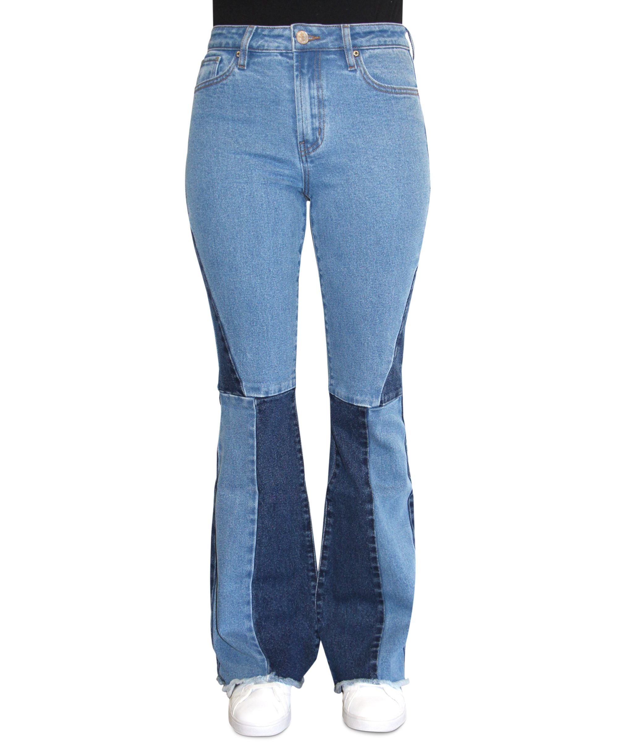 Juniors' Colorblocked High-Rise Flared Jeans