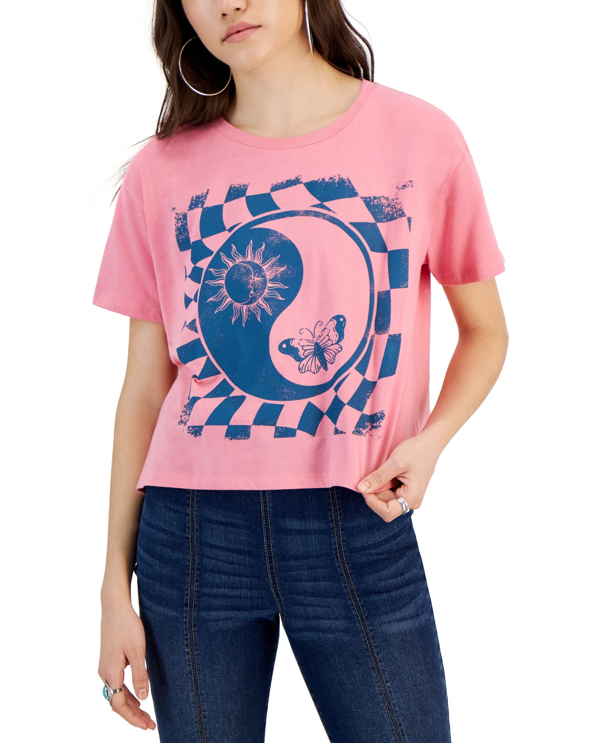 Juniors' Yin Yang Grid Graphic Crop T-Shirt