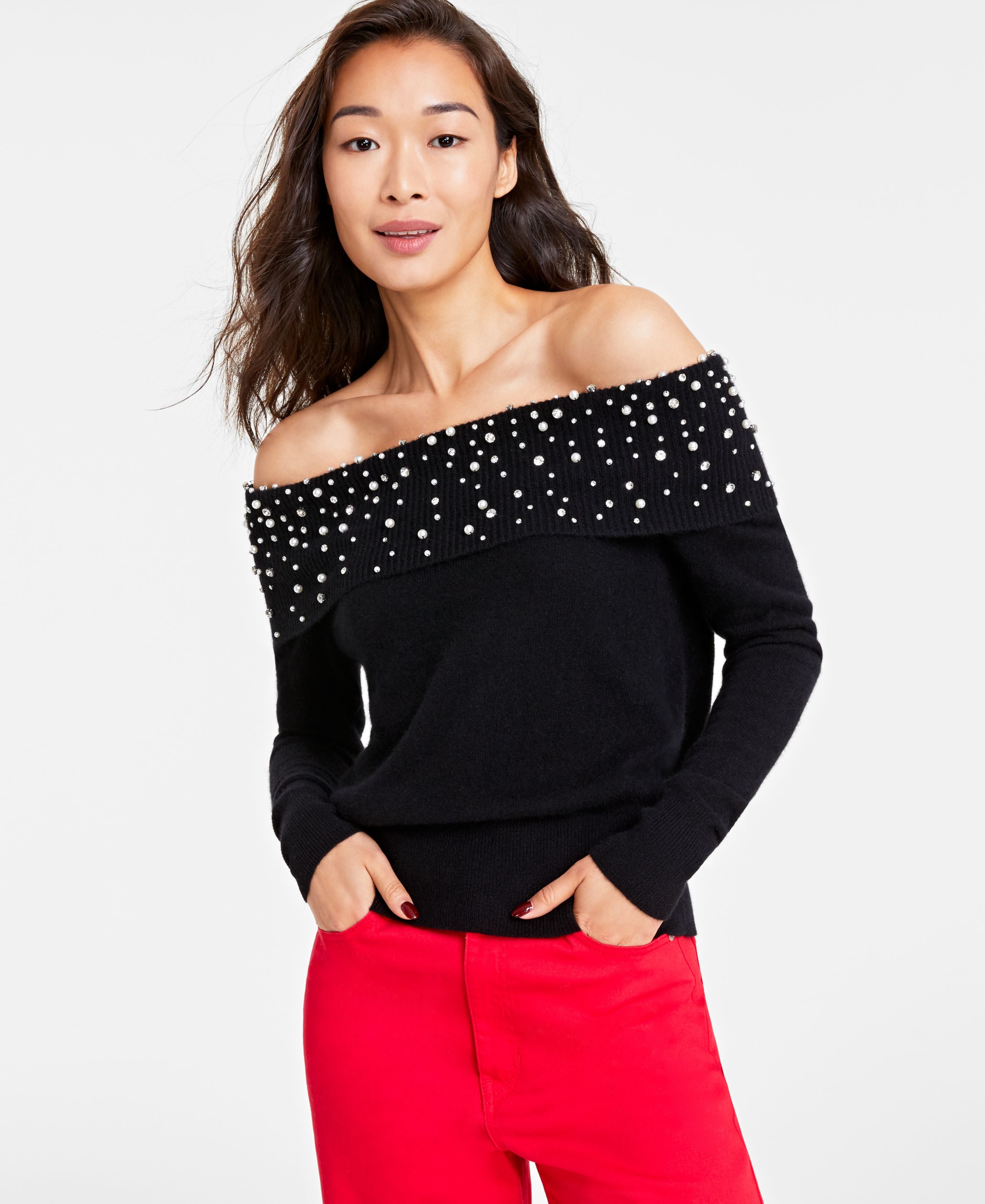 Women's 100% Cashmere Embellished Off-The-Shoulder Sweater