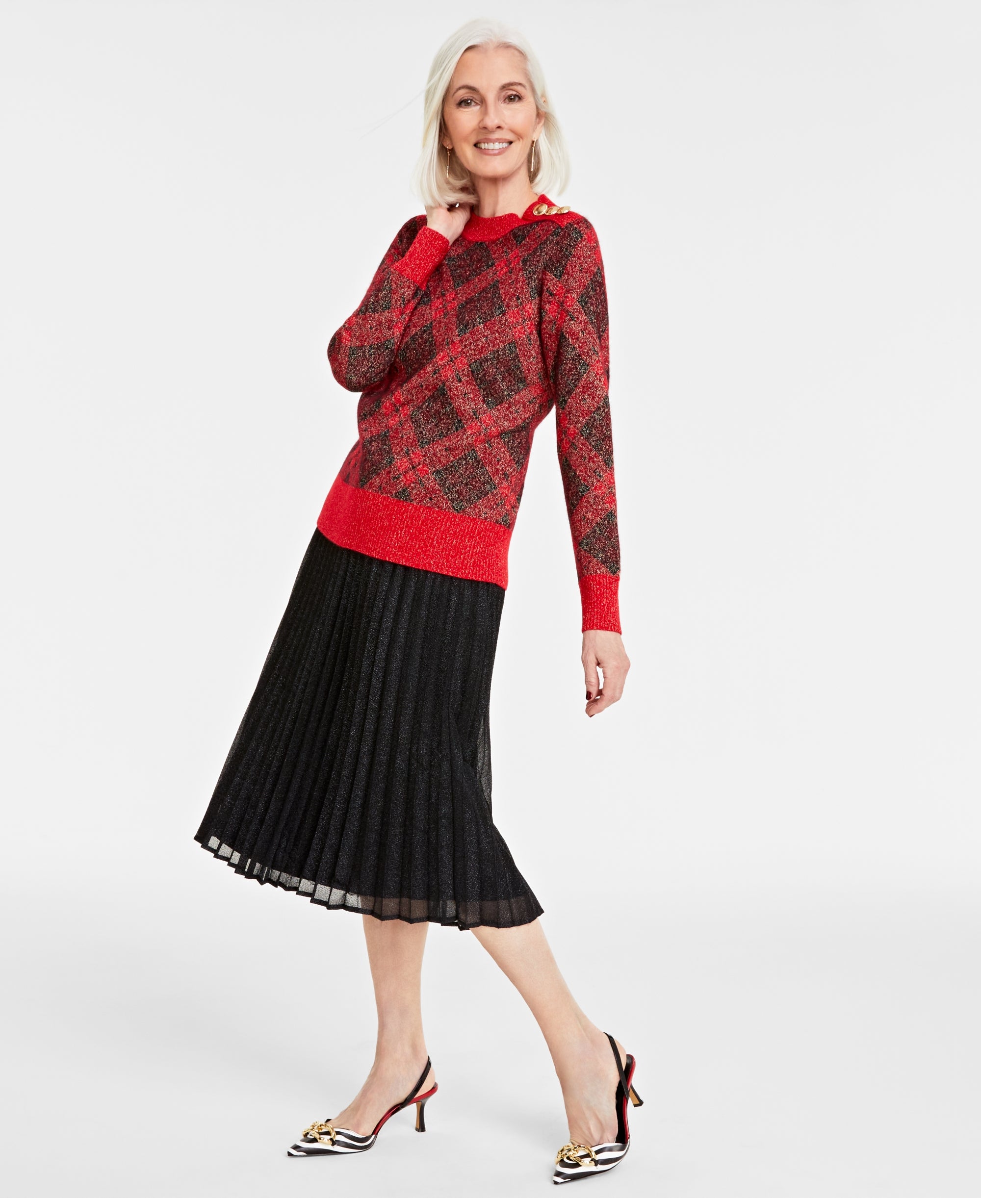 Women's 100% Cashmere Metallic Plaid Sweater Calypso Red Combo XS