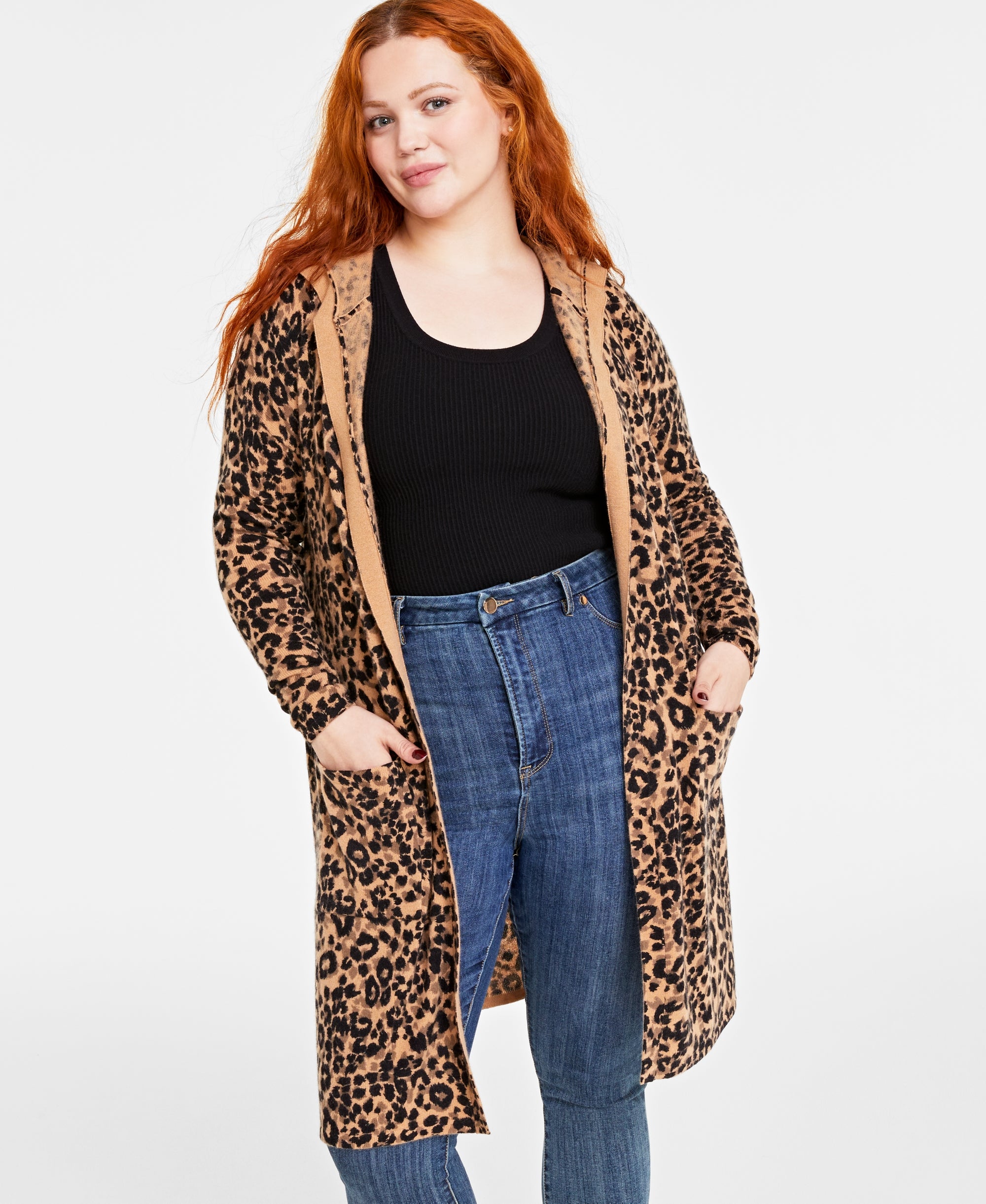 Plus Size Cheetah-Print Hooded Open 100% Cashmere Cardigan