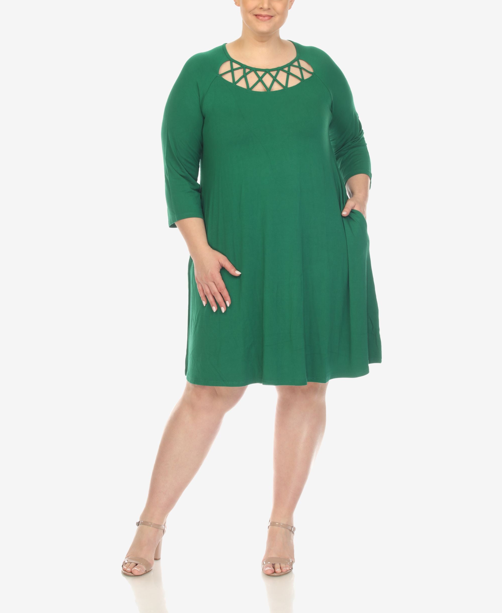 Plus Size Criss Cross Neckline 3/4 Sleeve Swing Dress