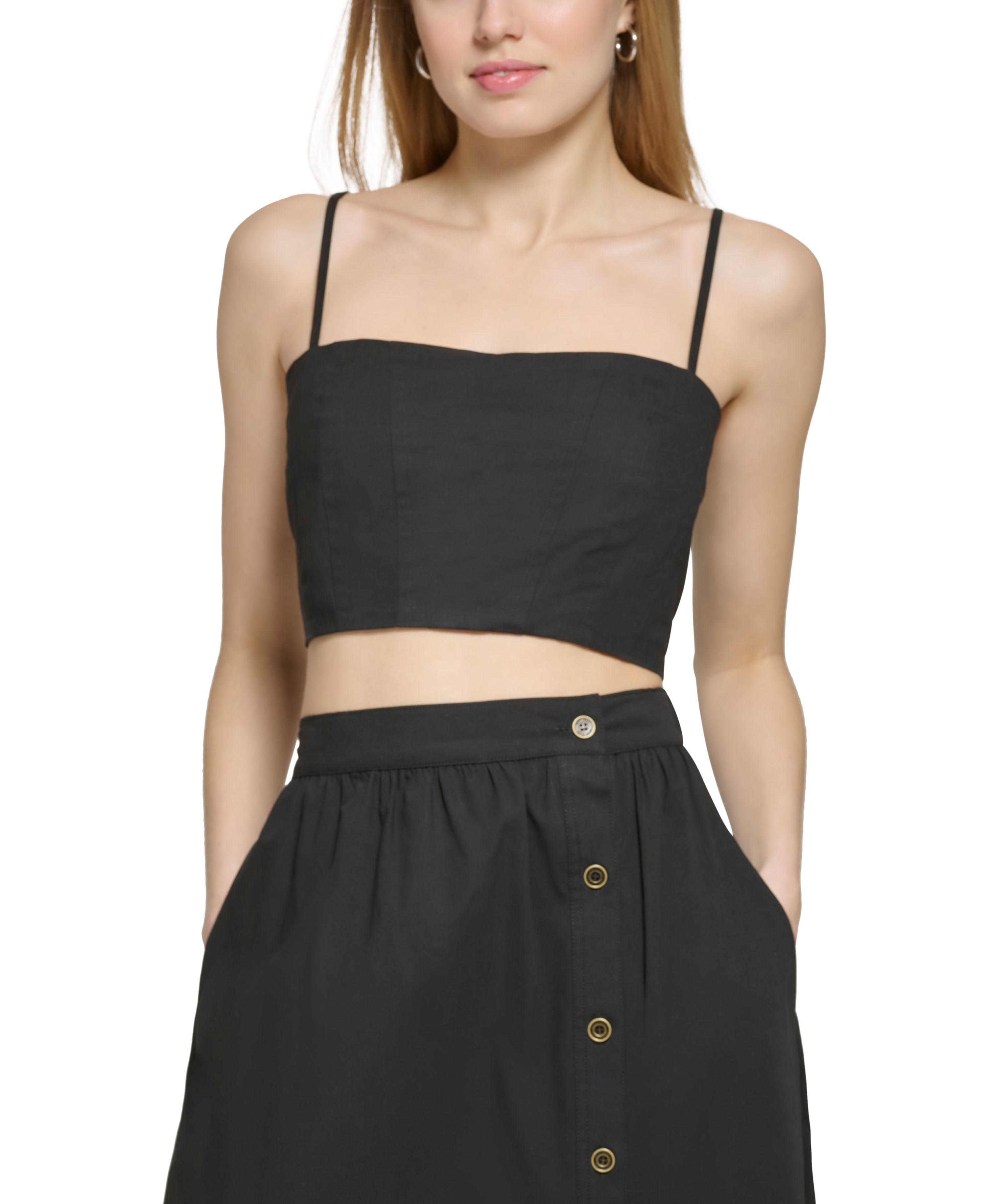 Women's Sleeveless Poplin Smocked-Back Cotton Cropped Top