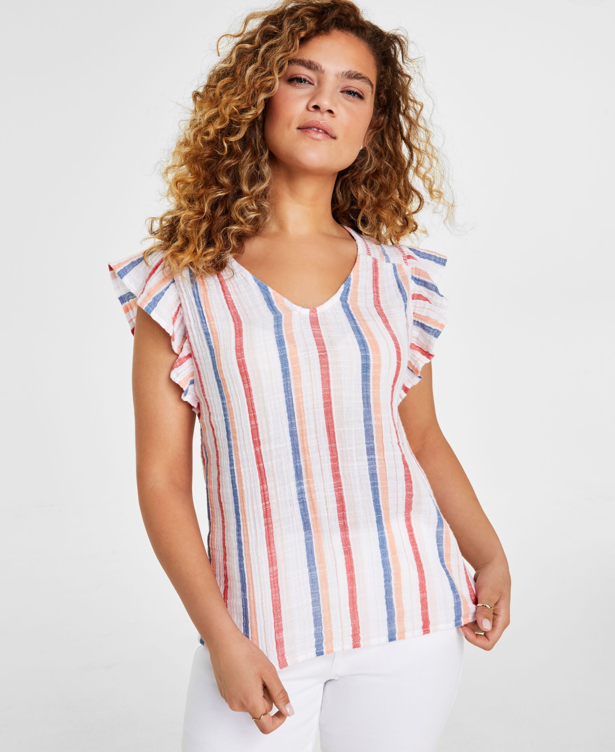 Petite Cotton Gauze Flutter-Sleeve Top