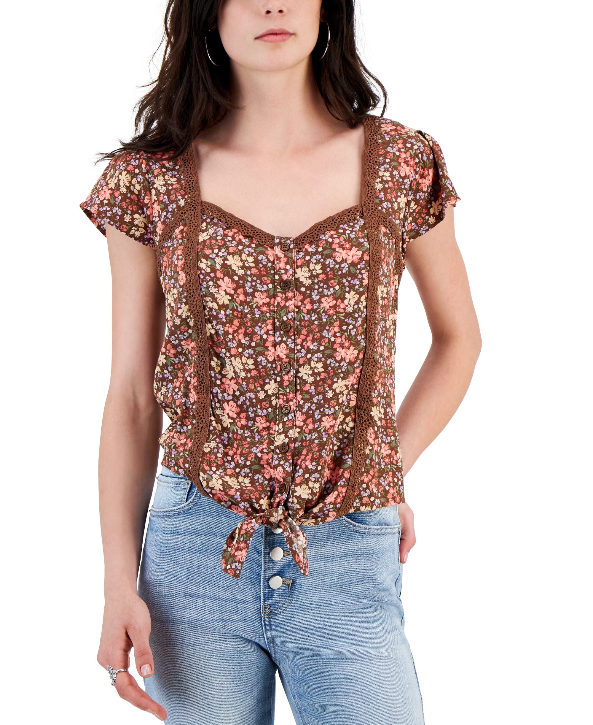 Juniors' Crochet-Trim Tie-Front Top