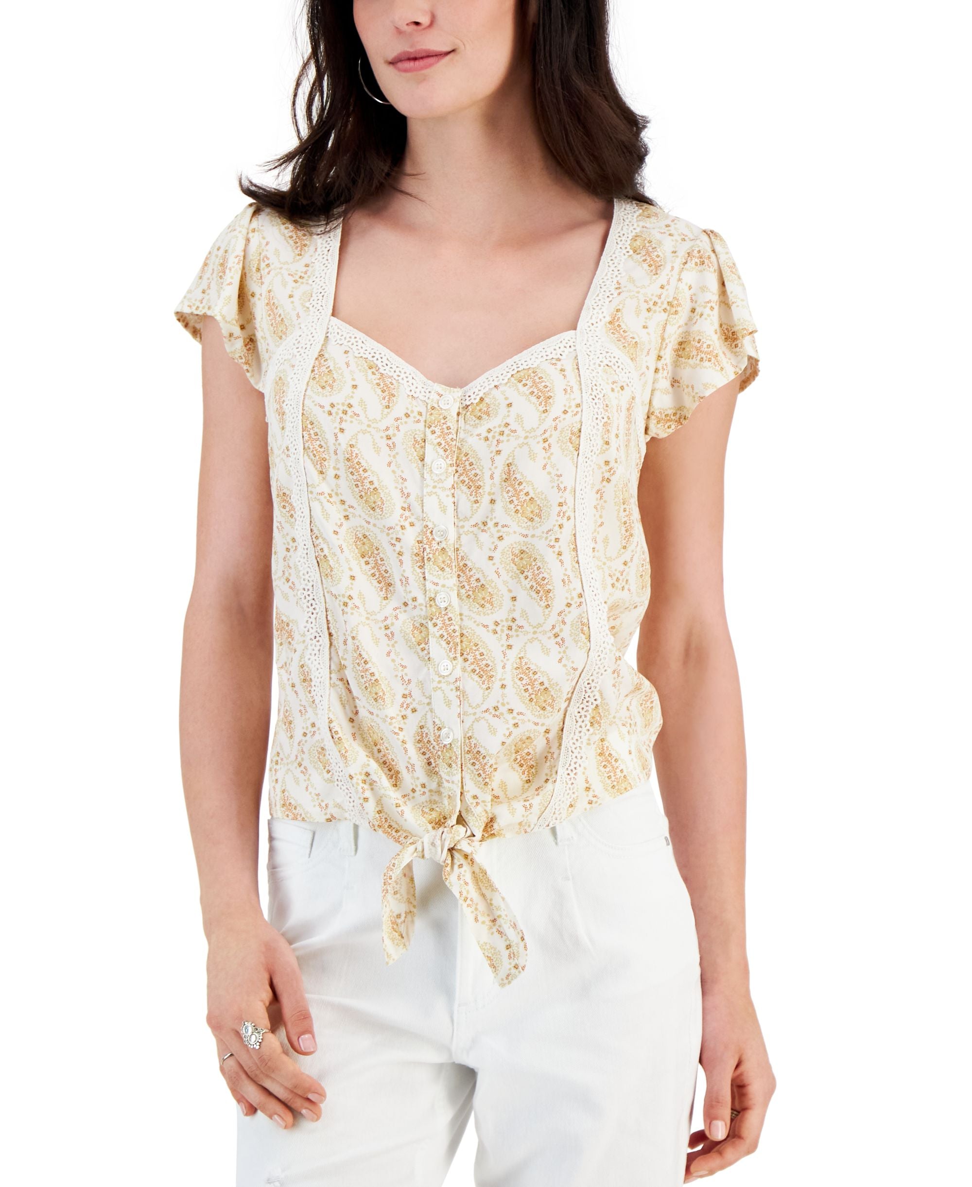Juniors' Crochet-Trim Tie-Front Top