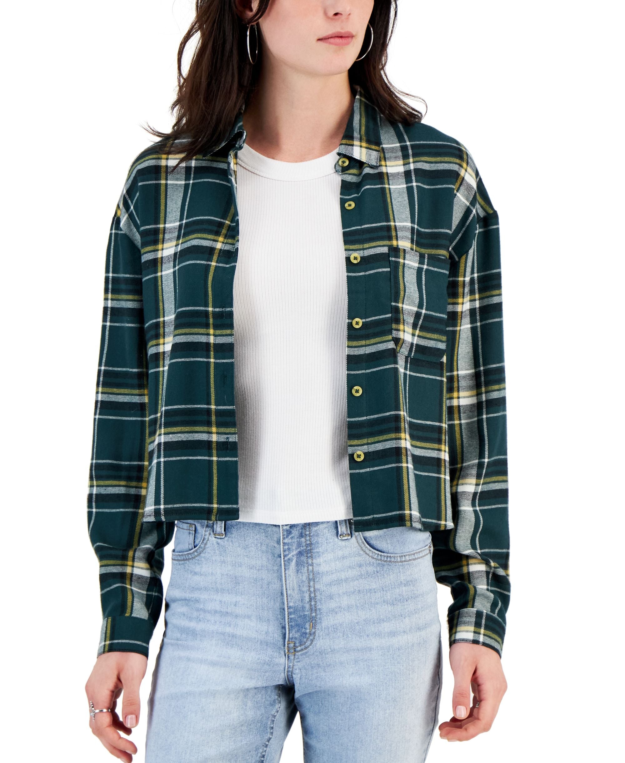 Juniors' Plaid Cropped Shirt