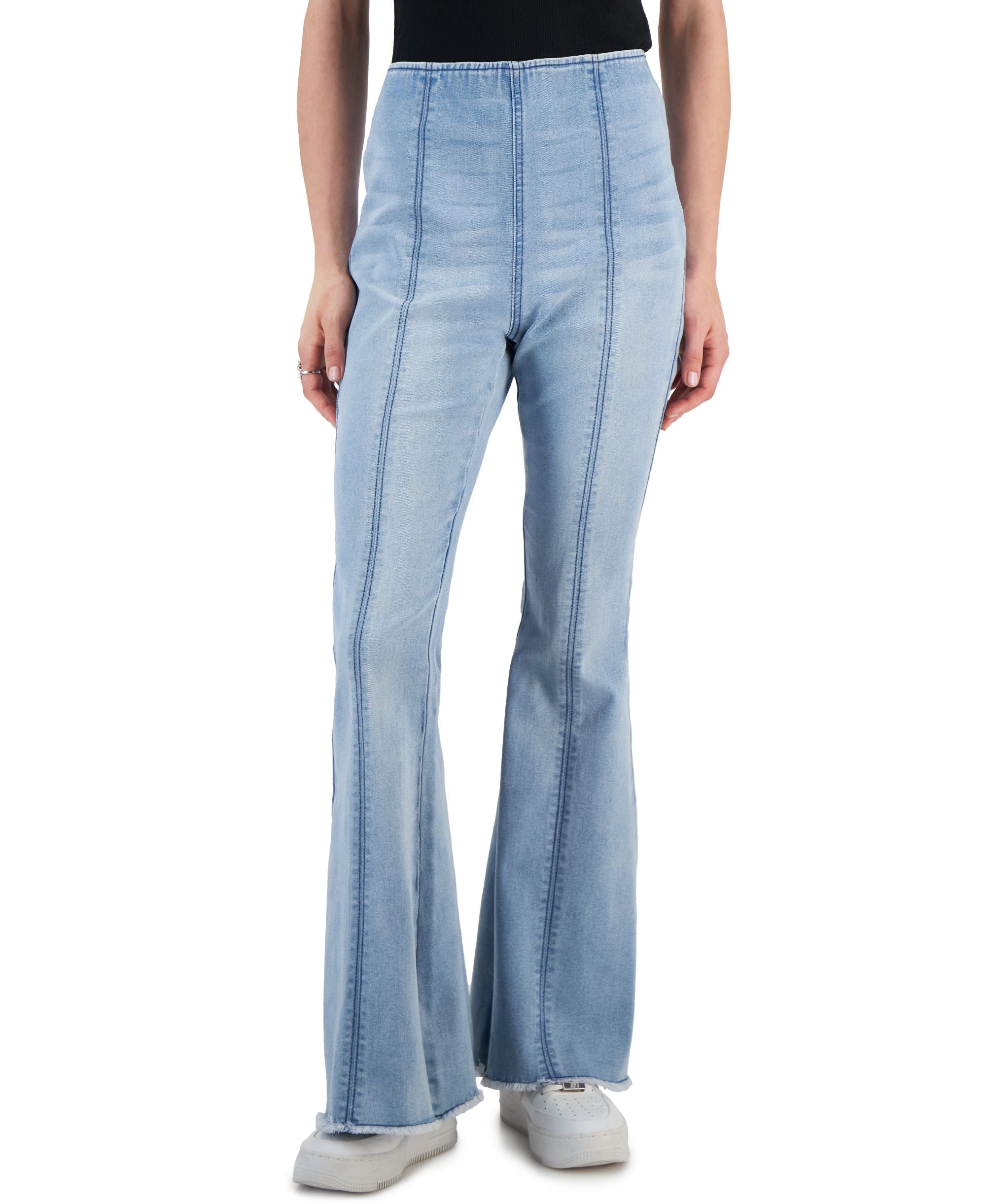Juniors' Seamed Frayed-Hem High-Waist Pull-On Denim Jeans