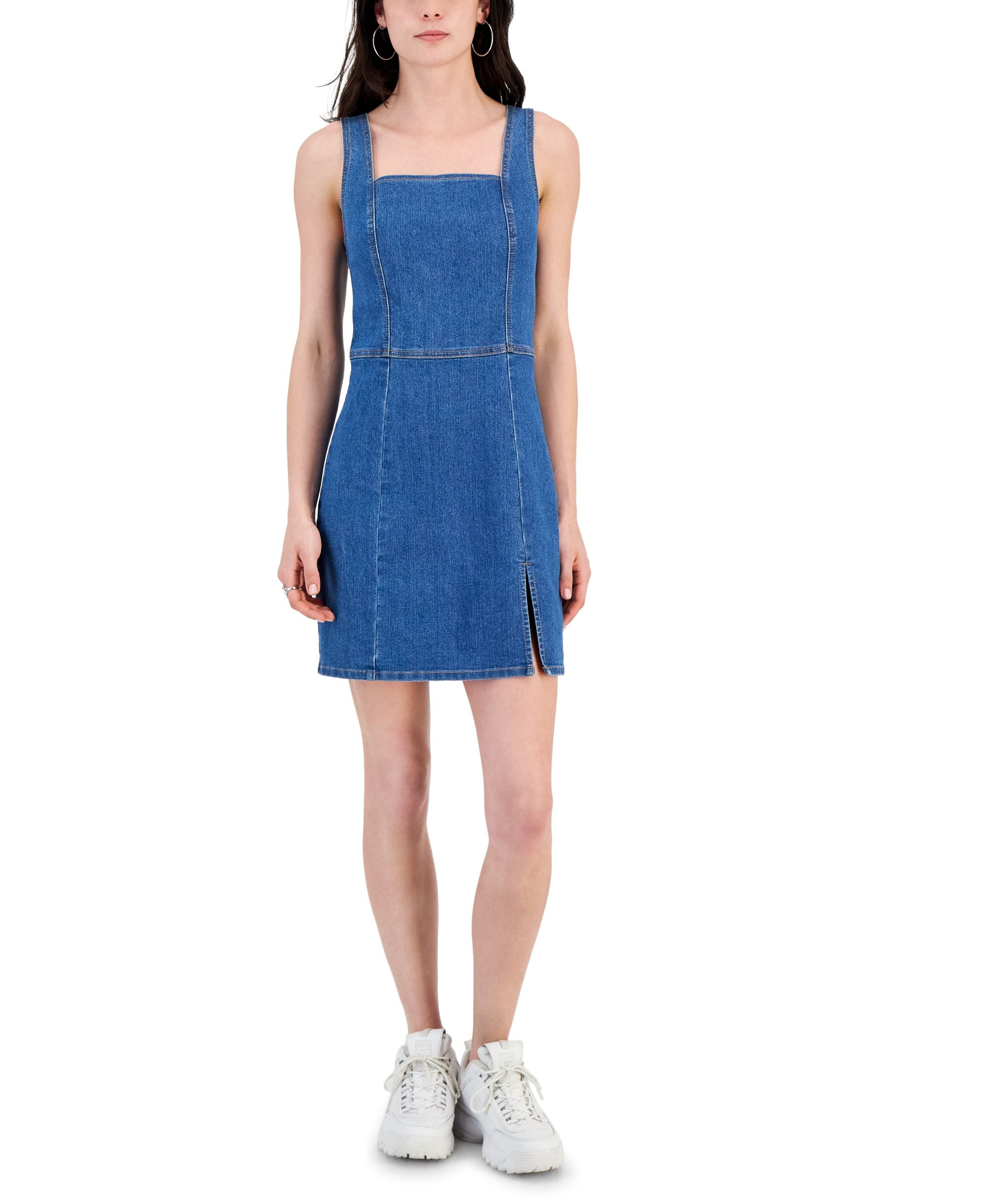 Juniors' Square-Neck Seamed Slit-Front Denim Dress