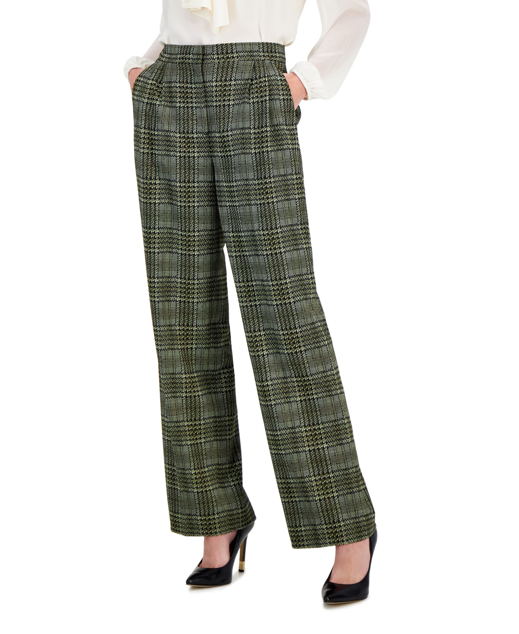 Women's Multi Plaid-Print Pleat-Front Wide-Leg Pants