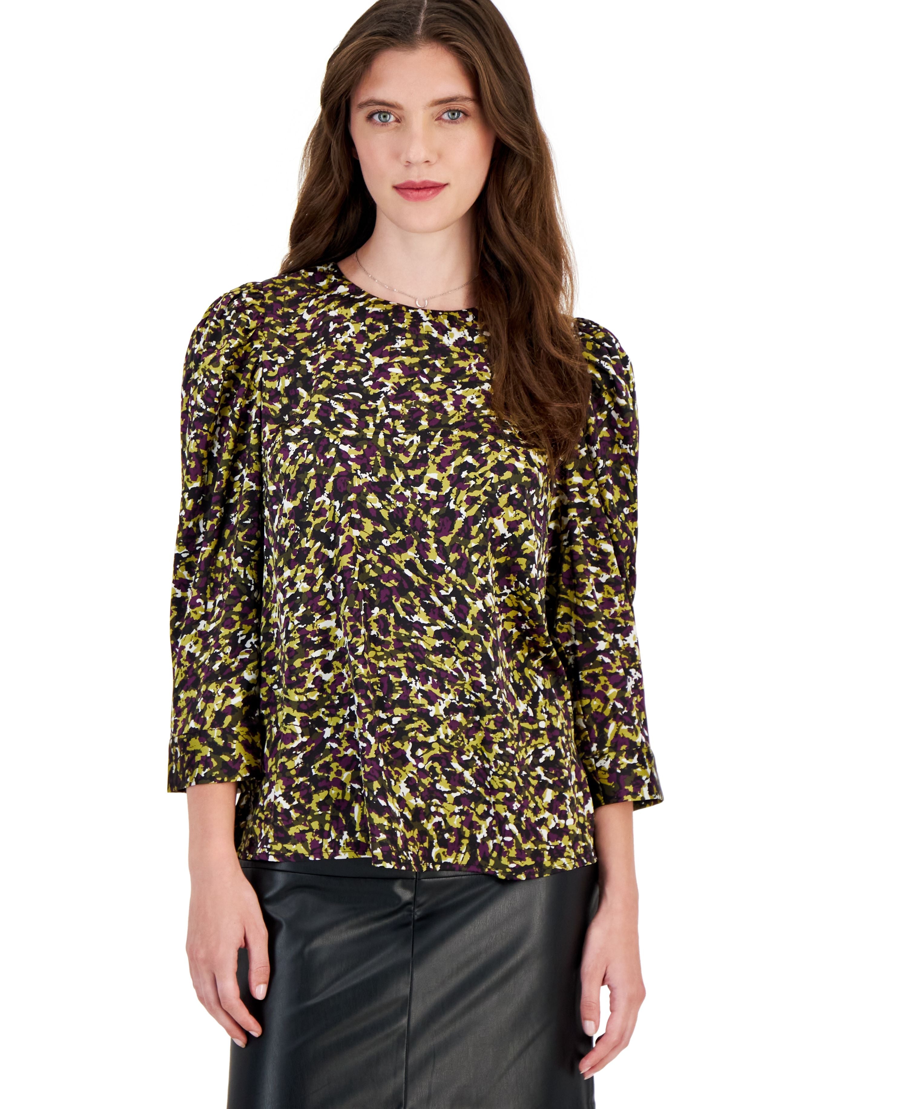 Women's Multi-Print Scoop-Neck Puff-Shoulder Blouse