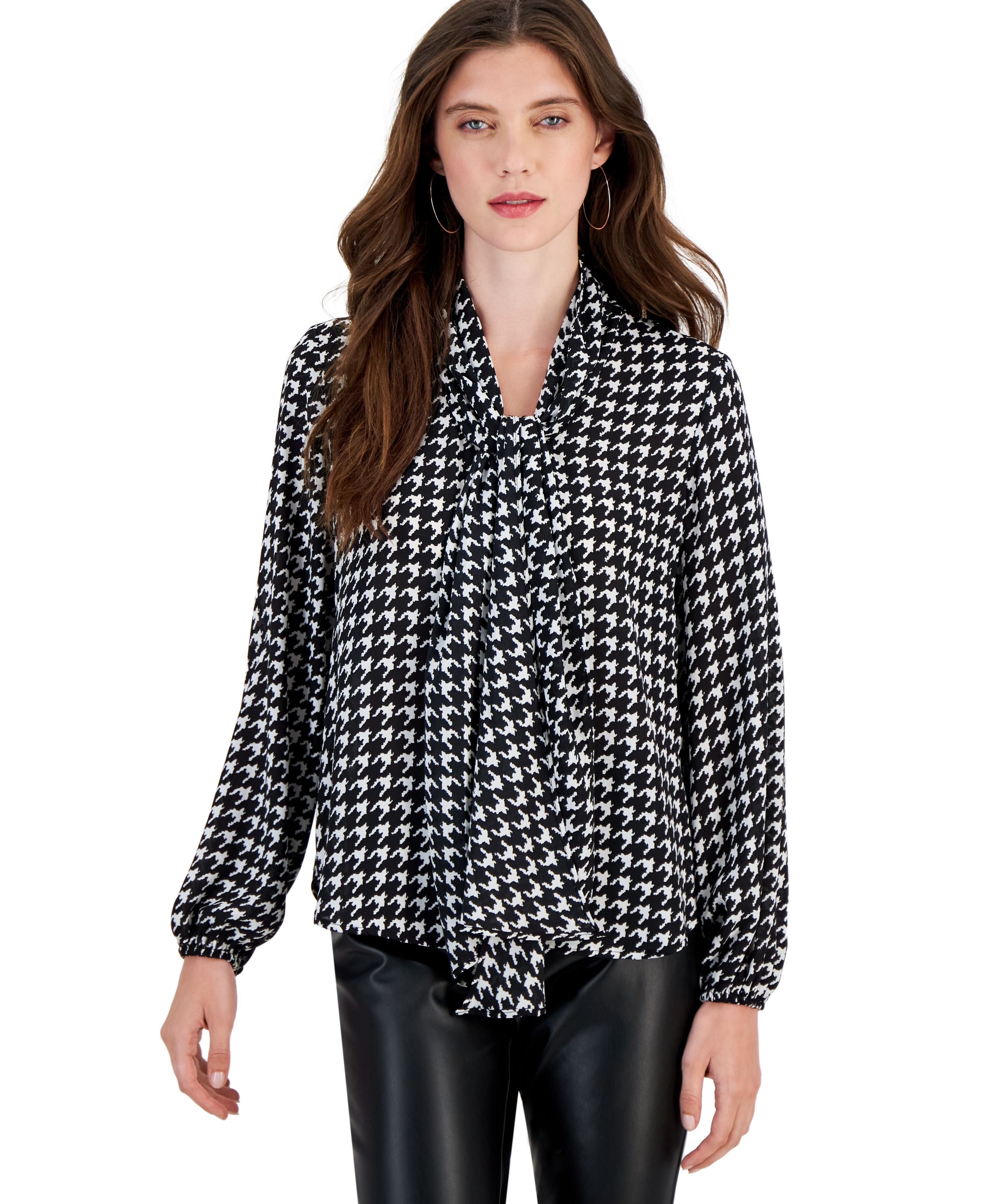 Women's Houndstooth Tie-Neck Long-Sleeve Blouse