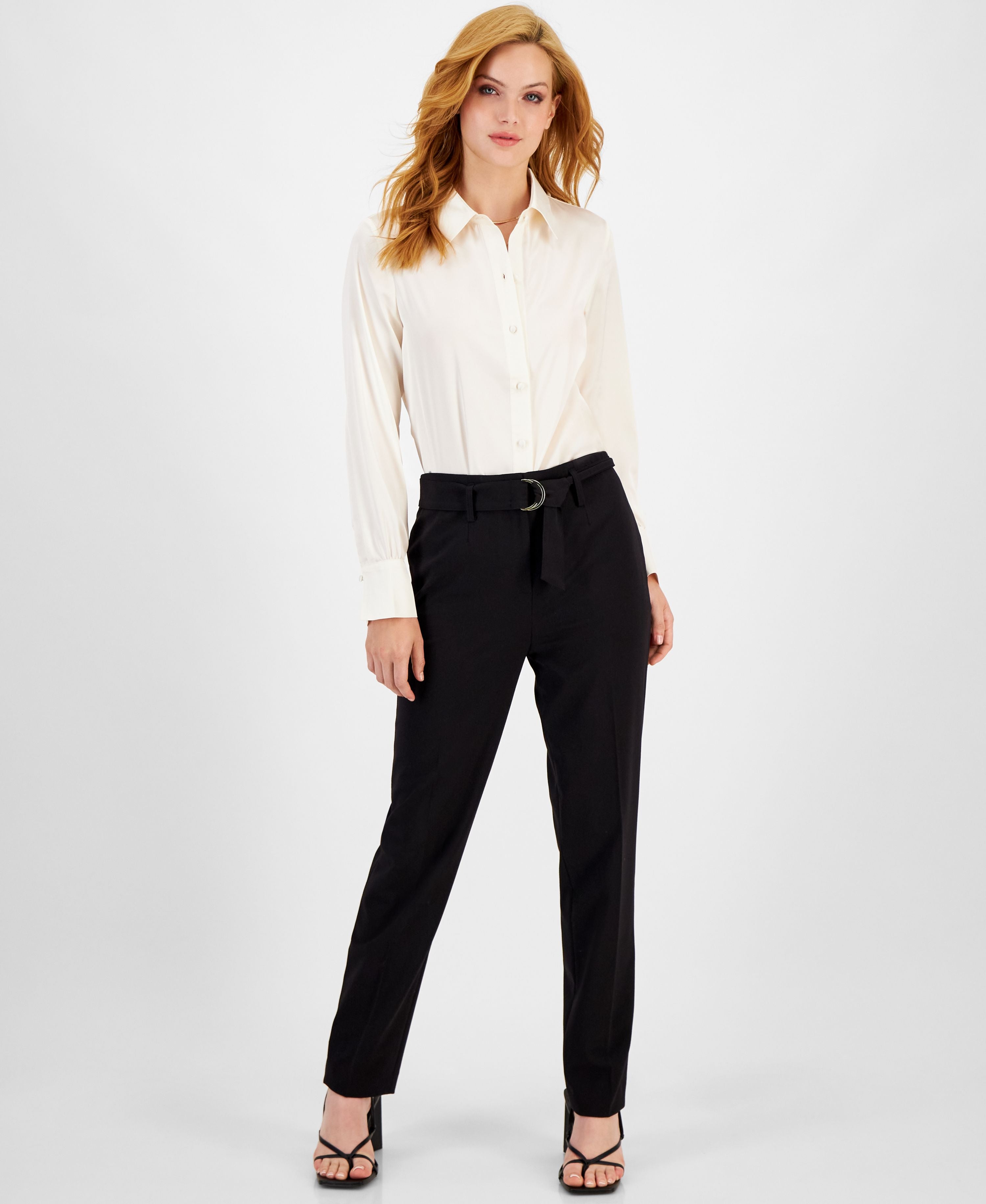 Women's Satin Long-Sleeve Collared Blouse