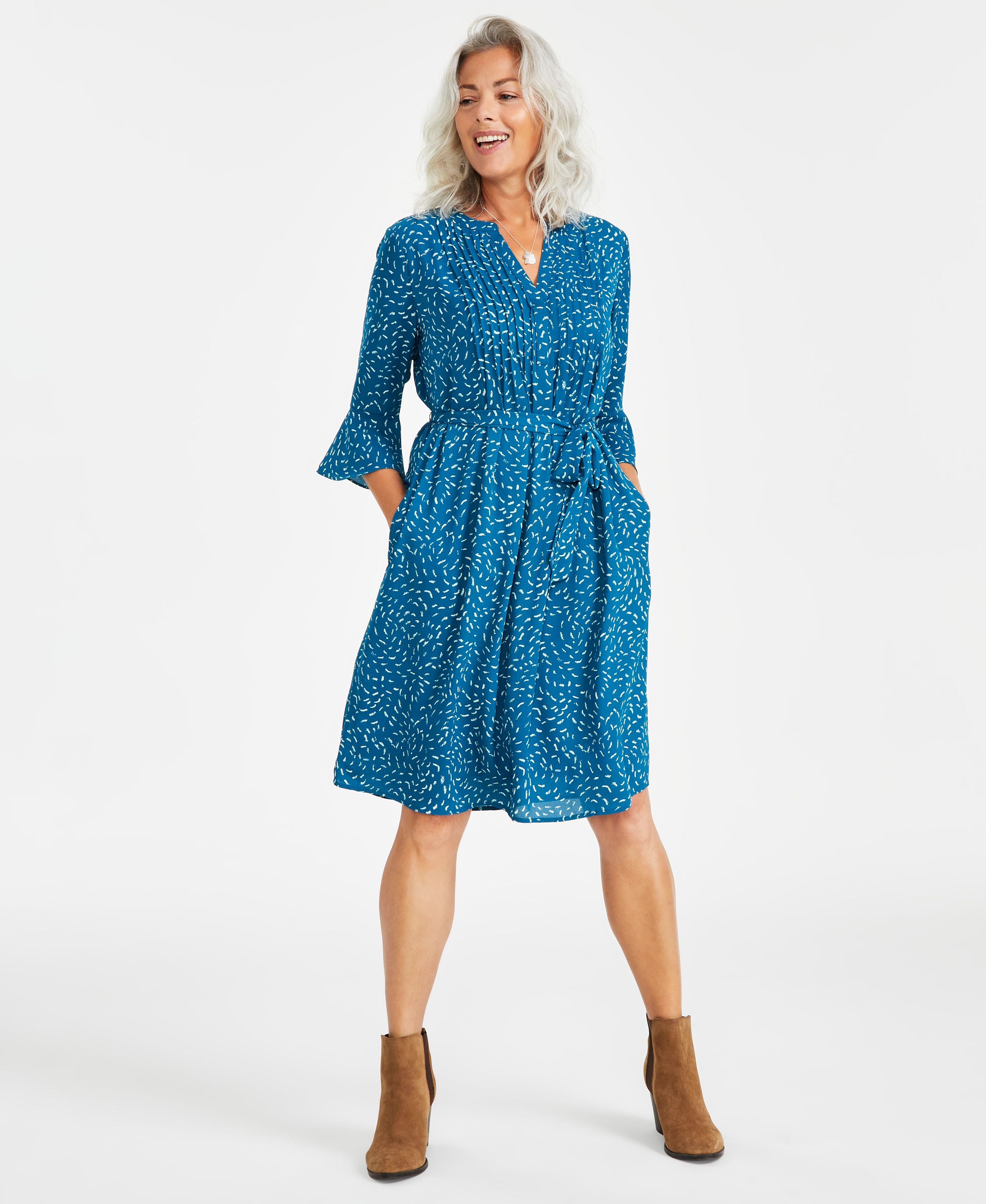Women's Pleated Bell-Sleeve Belted Dress