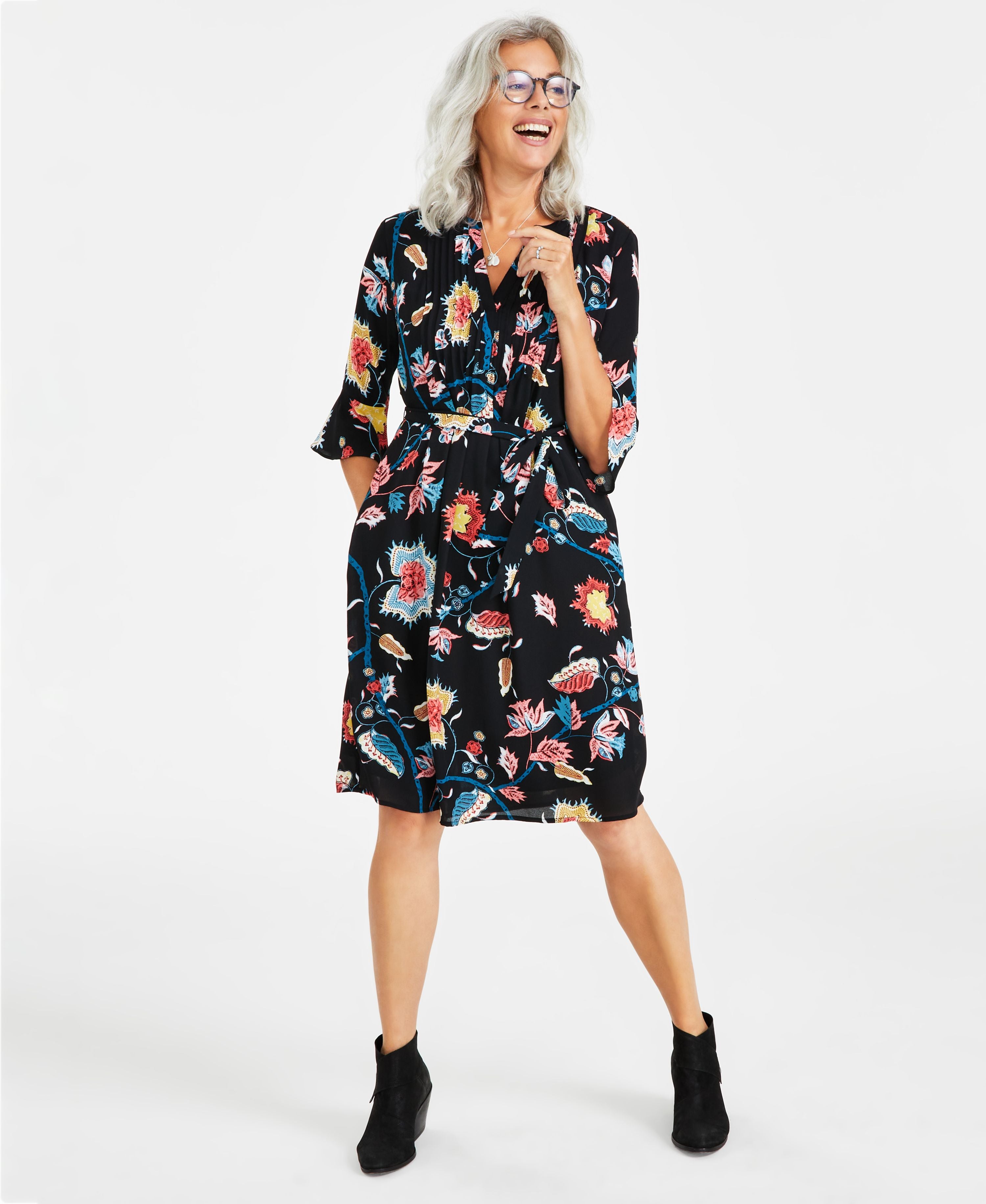 Women's Pleated Bell-Sleeve Belted Dress