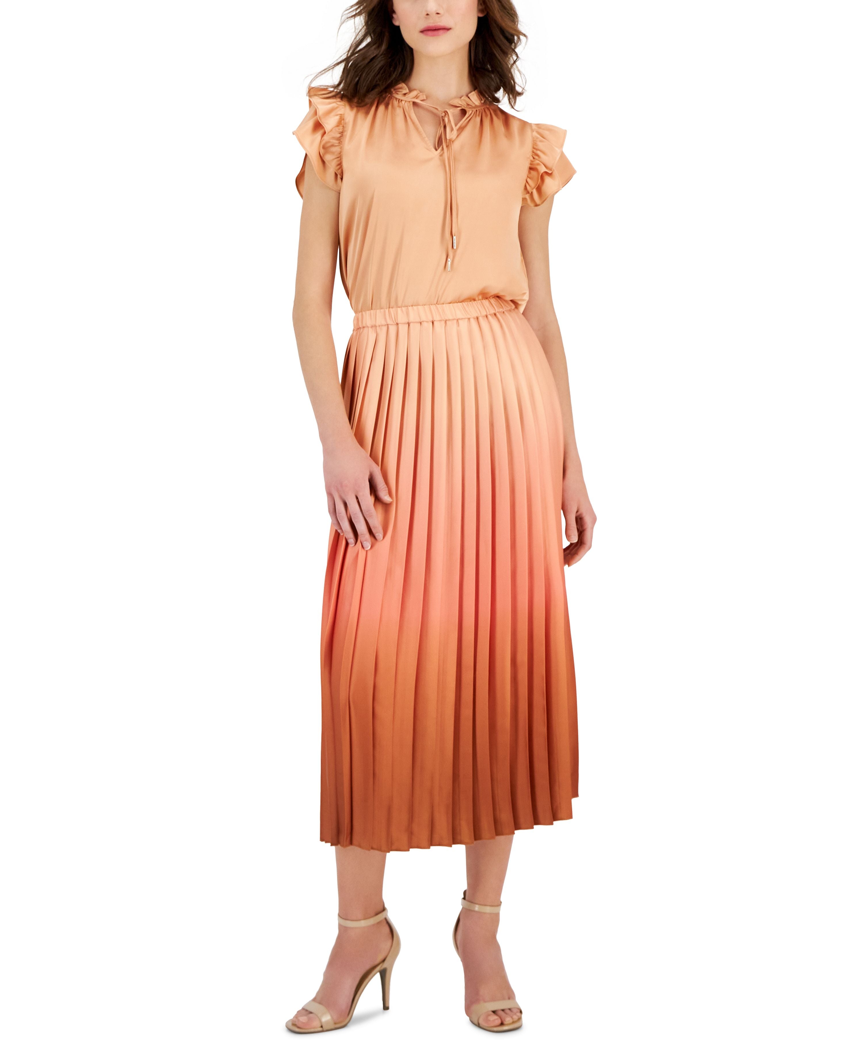 Ruffle-Sleeve Blouse and Pleated Midi Skirt