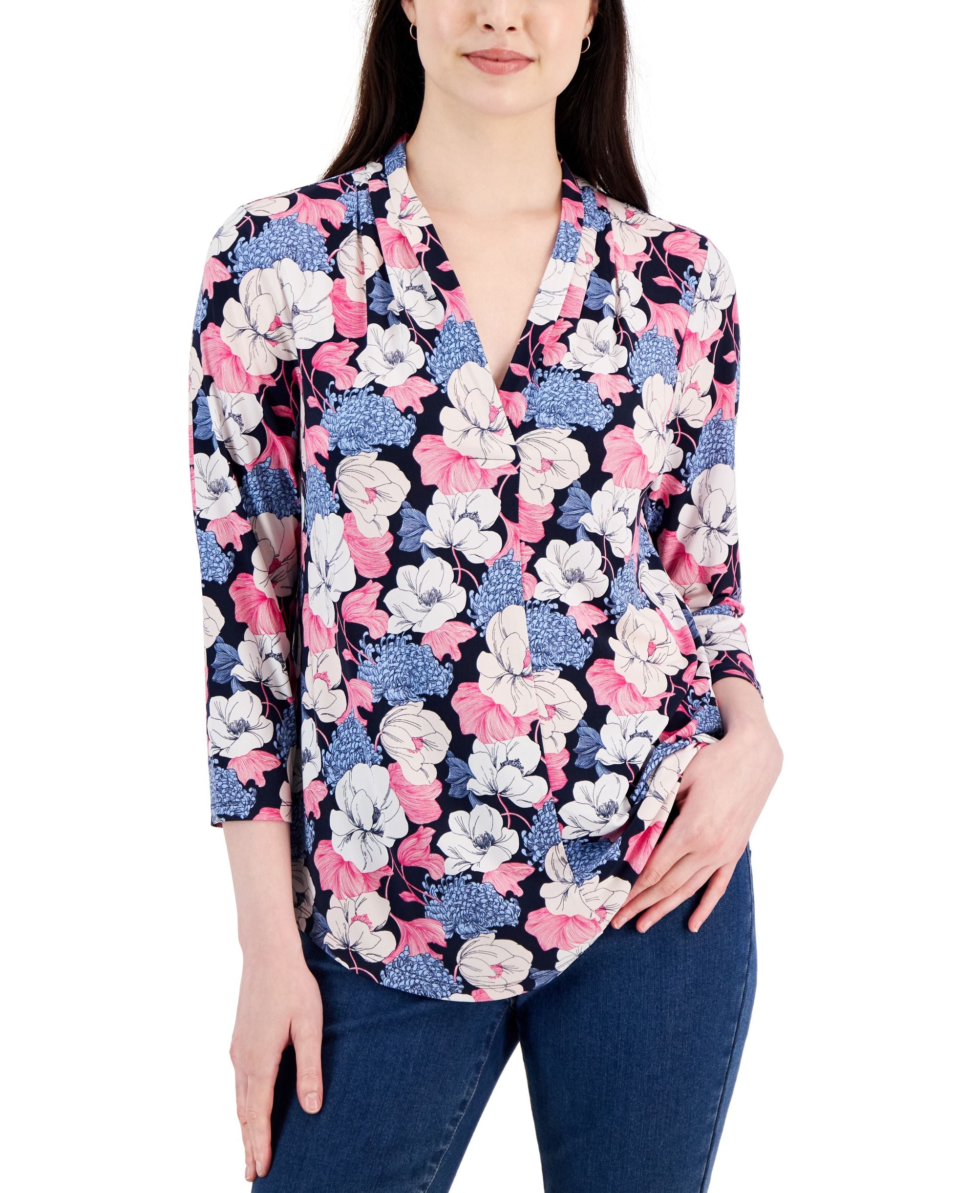 Petite Pleated-Neck 3/4-Sleeve Top