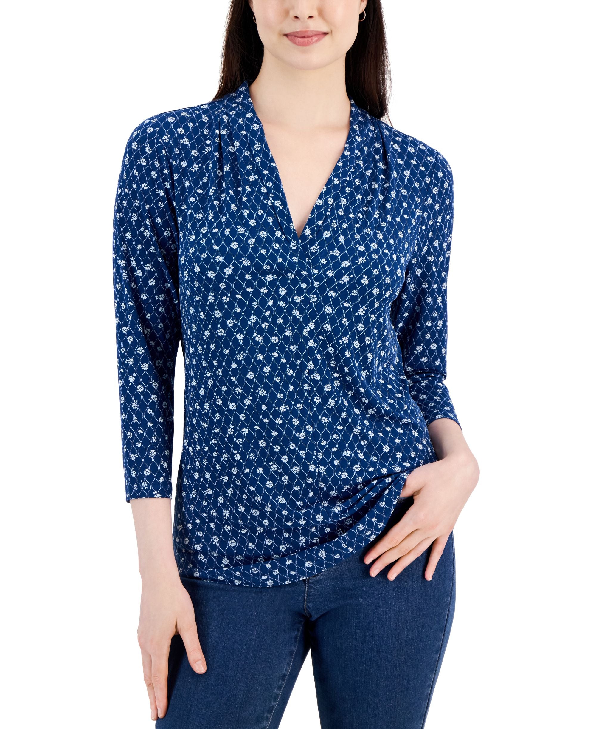 Petite Pleated-Neck 3/4-Sleeve Top