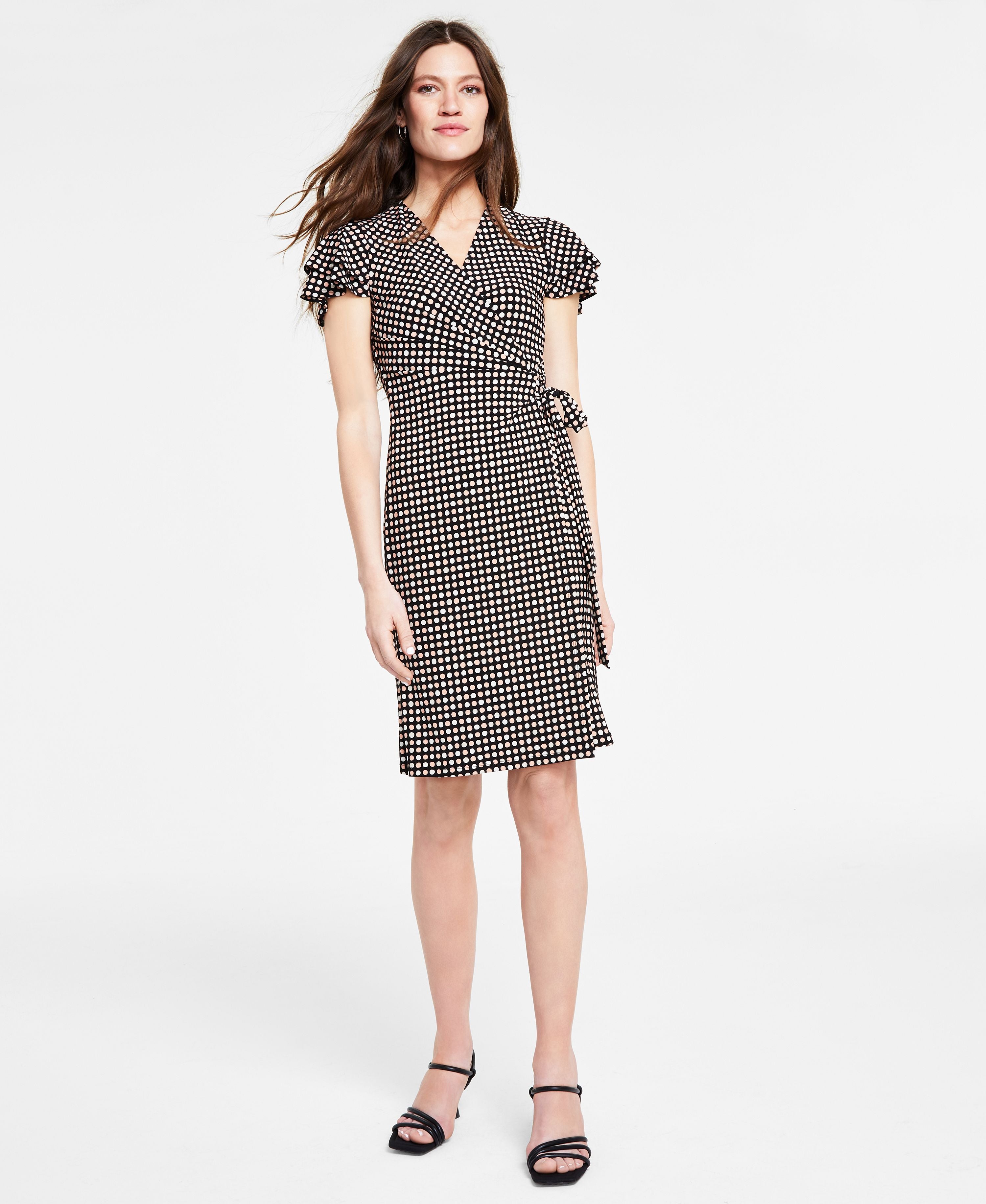 Women's Printed Flutter-Sleeve Faux-Wrap Dress