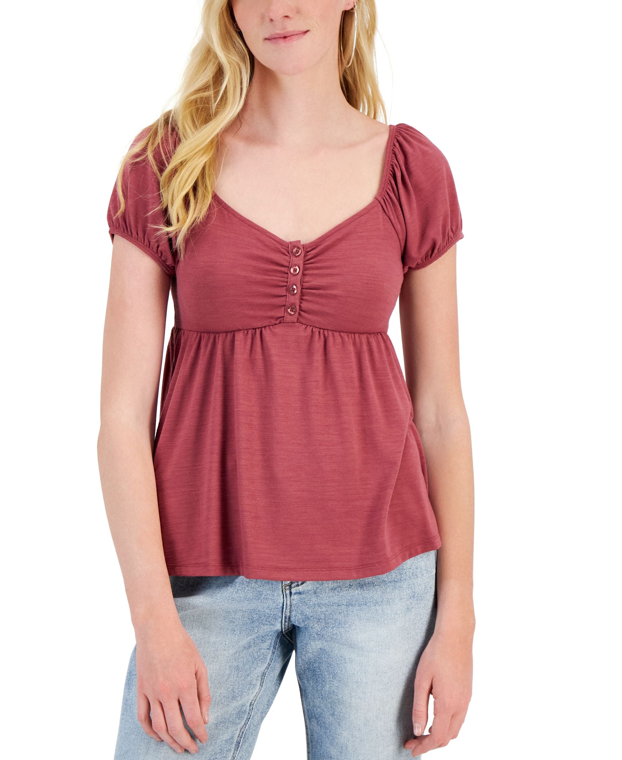 Juniors' Printed Puff-Sleeve Babydoll Top