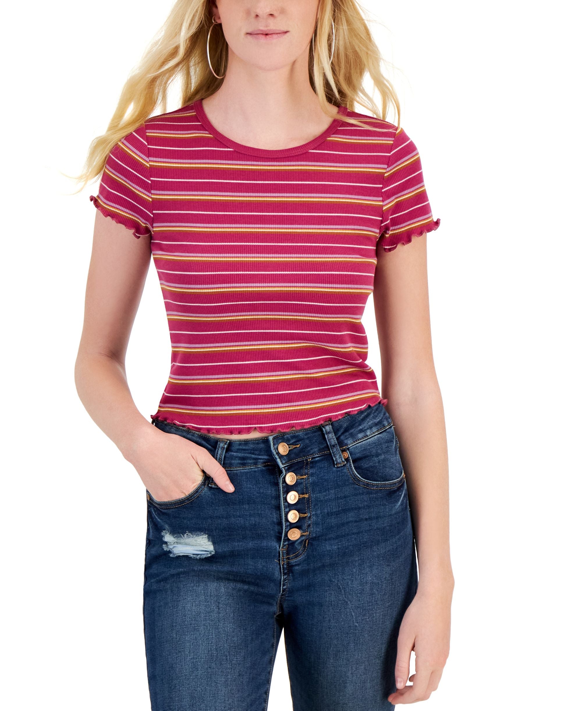 Juniors' Rib-Knit Lettuce-Edge Crewneck Tee