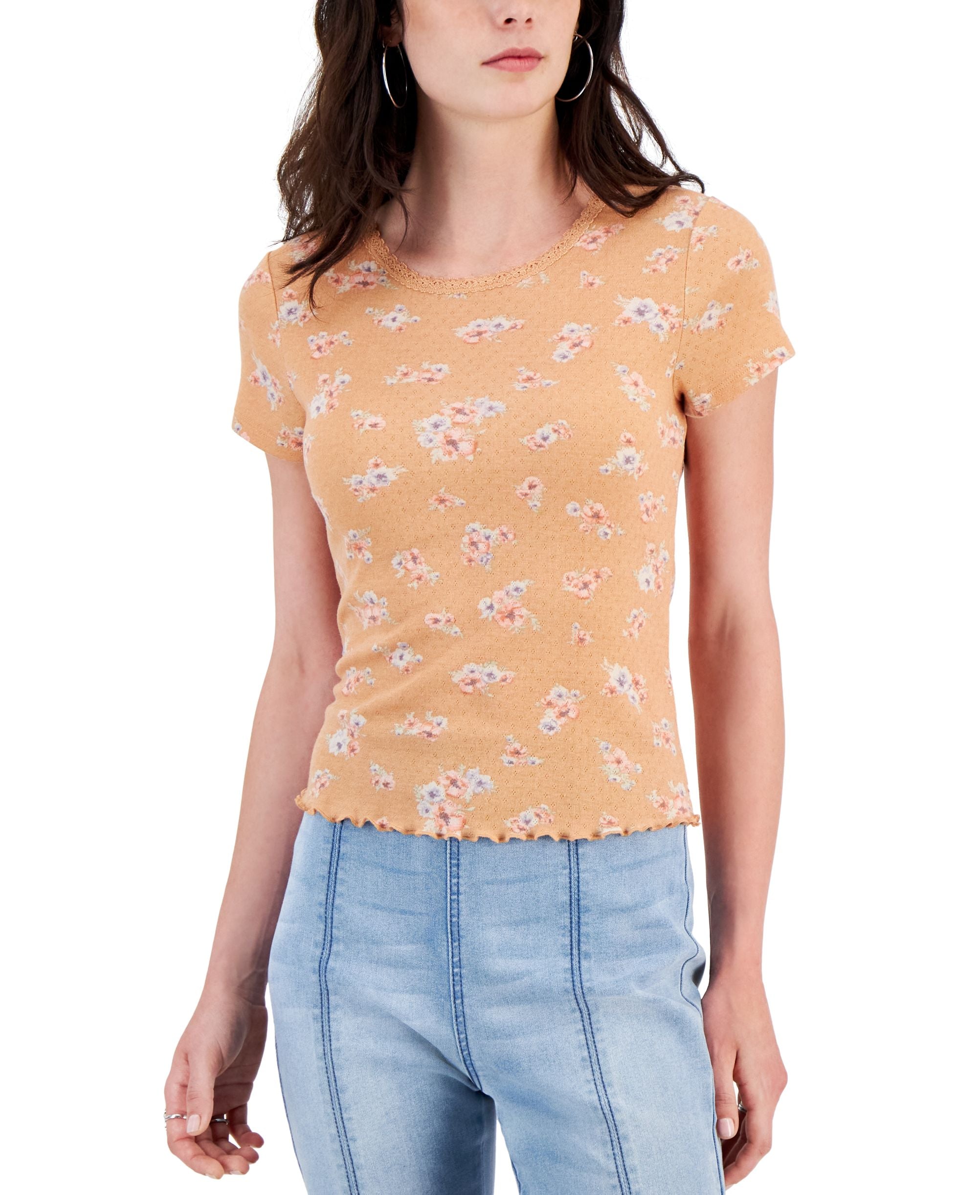 Juniors' Lettuce-Edge Pointelle Baby Tee