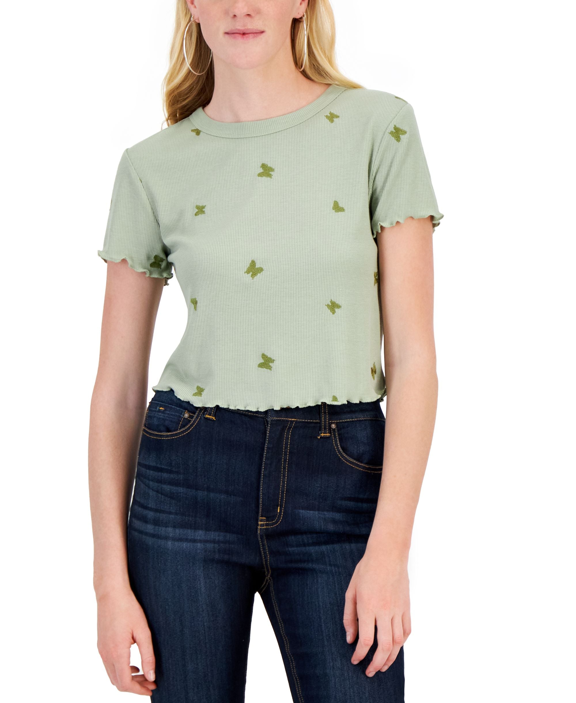 Juniors' All Over Embroidered Lettuce-Hem T-Shirt