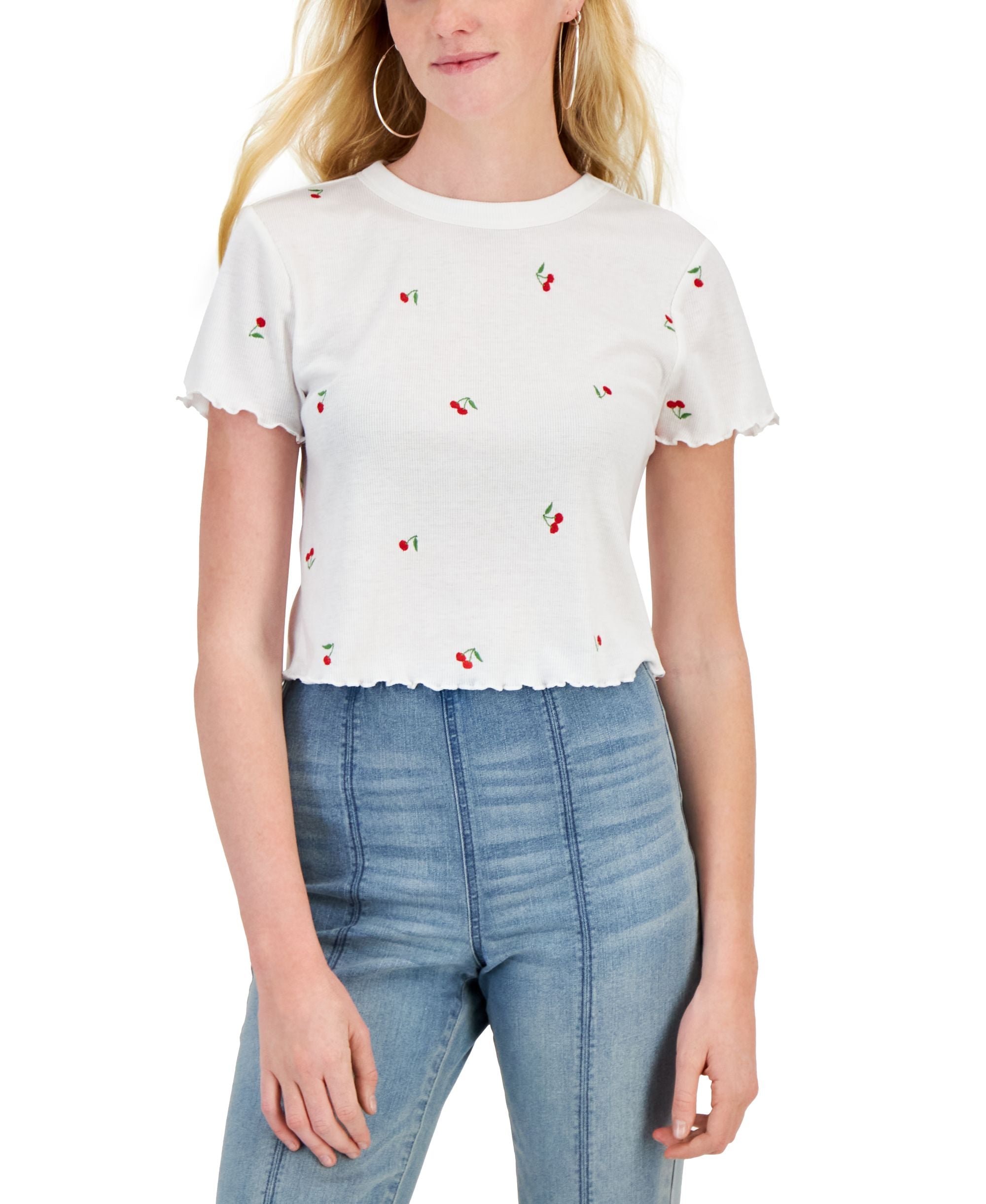 Juniors' All Over Embroidered Lettuce-Hem T-Shirt