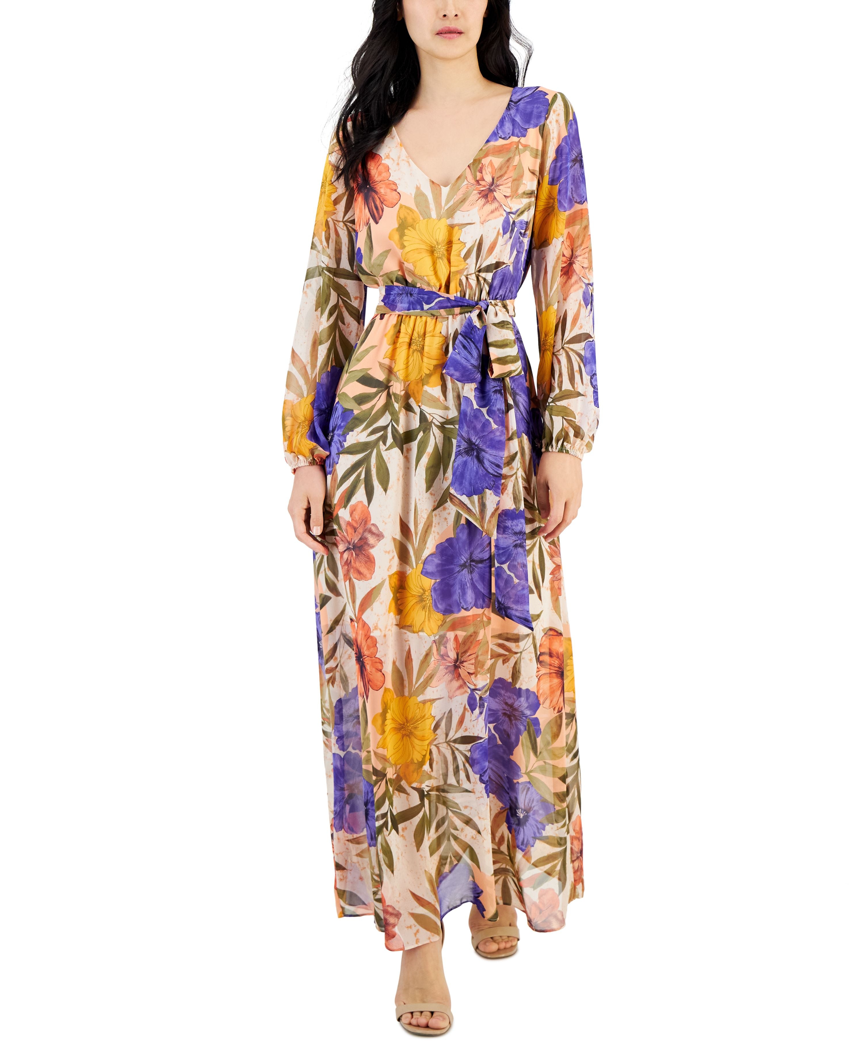Women's Long-Sleeve V-Neck Maxi Dress