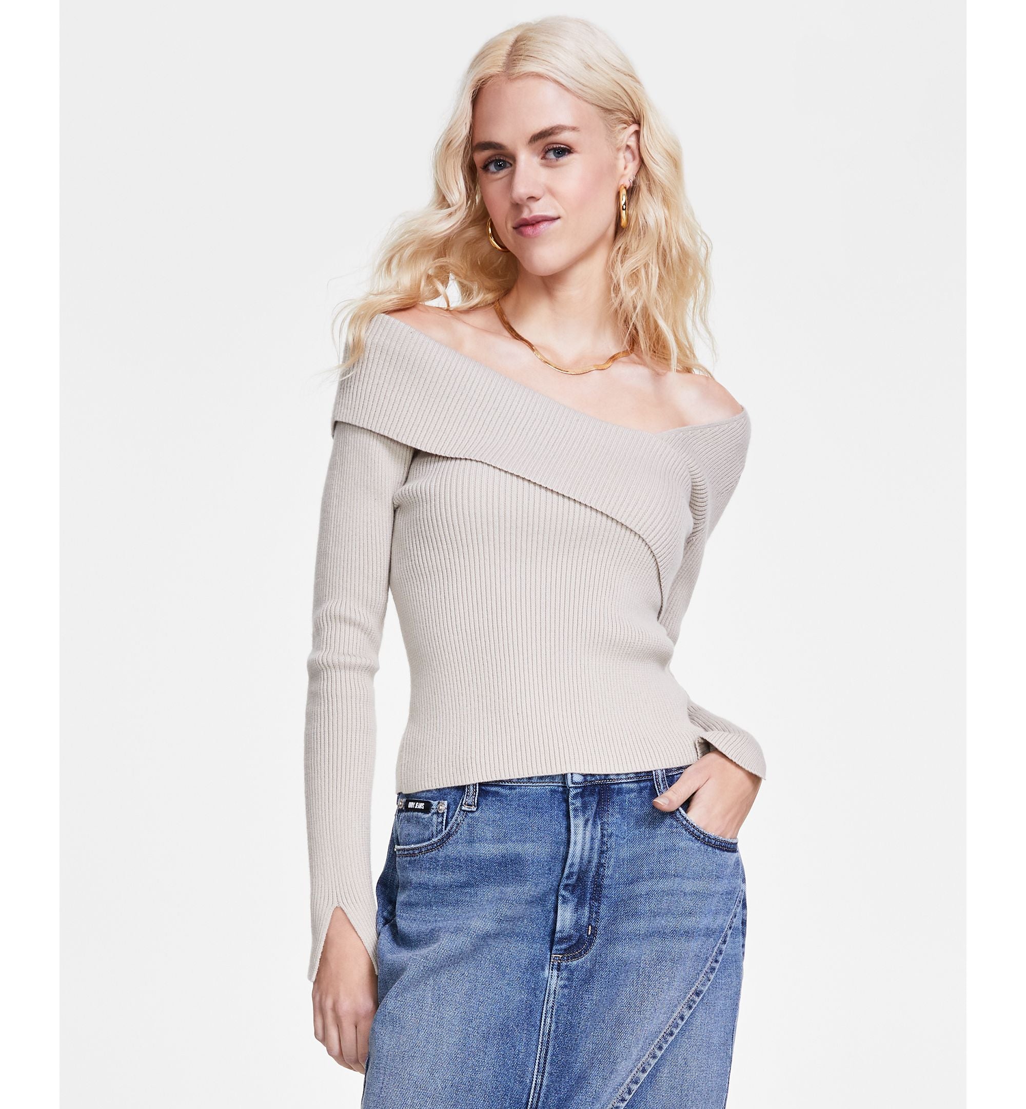 Women's Asymmetrical-Neck Ribbed Sweater