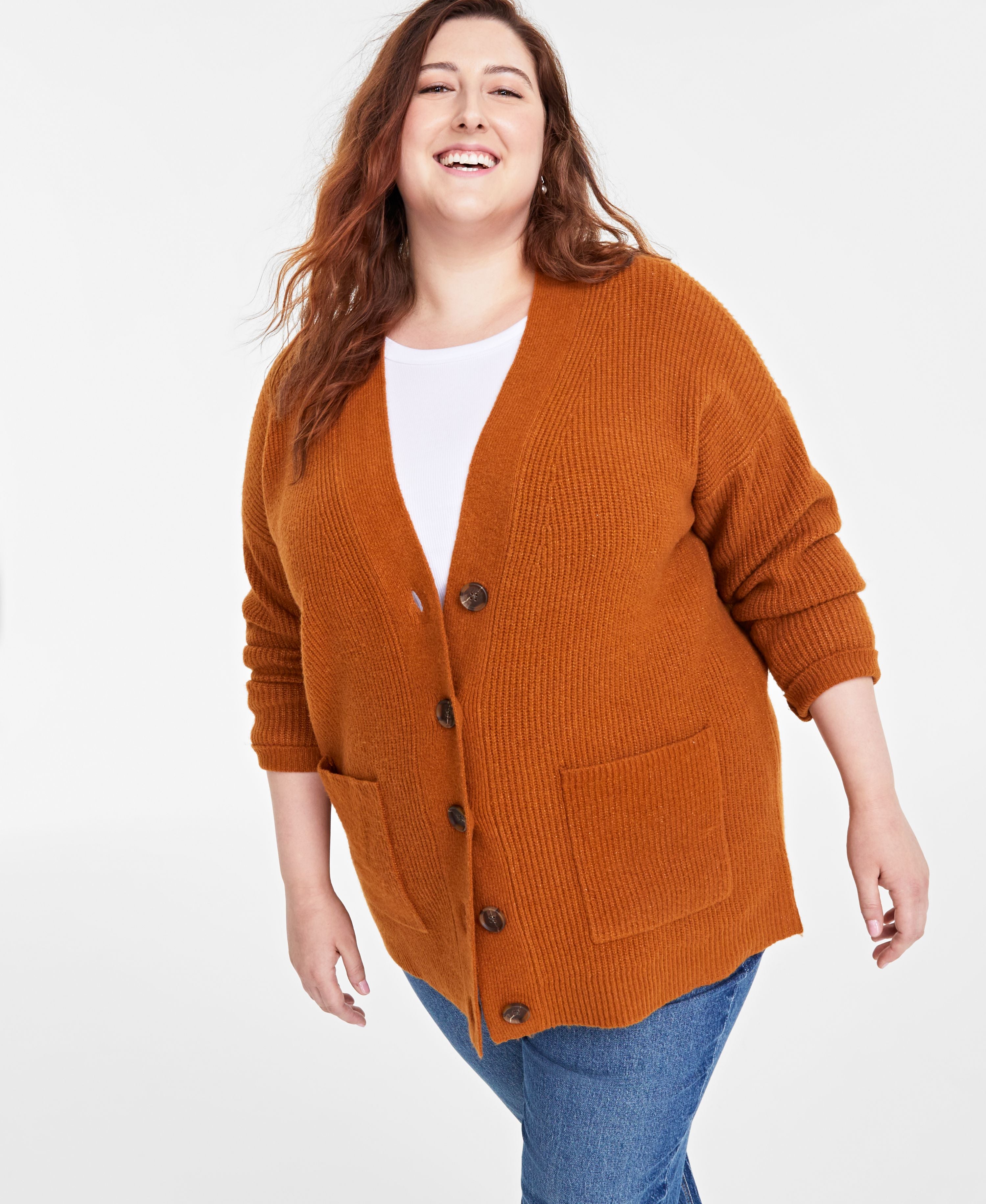 Plus Size Long Patch Pocket Cardigan