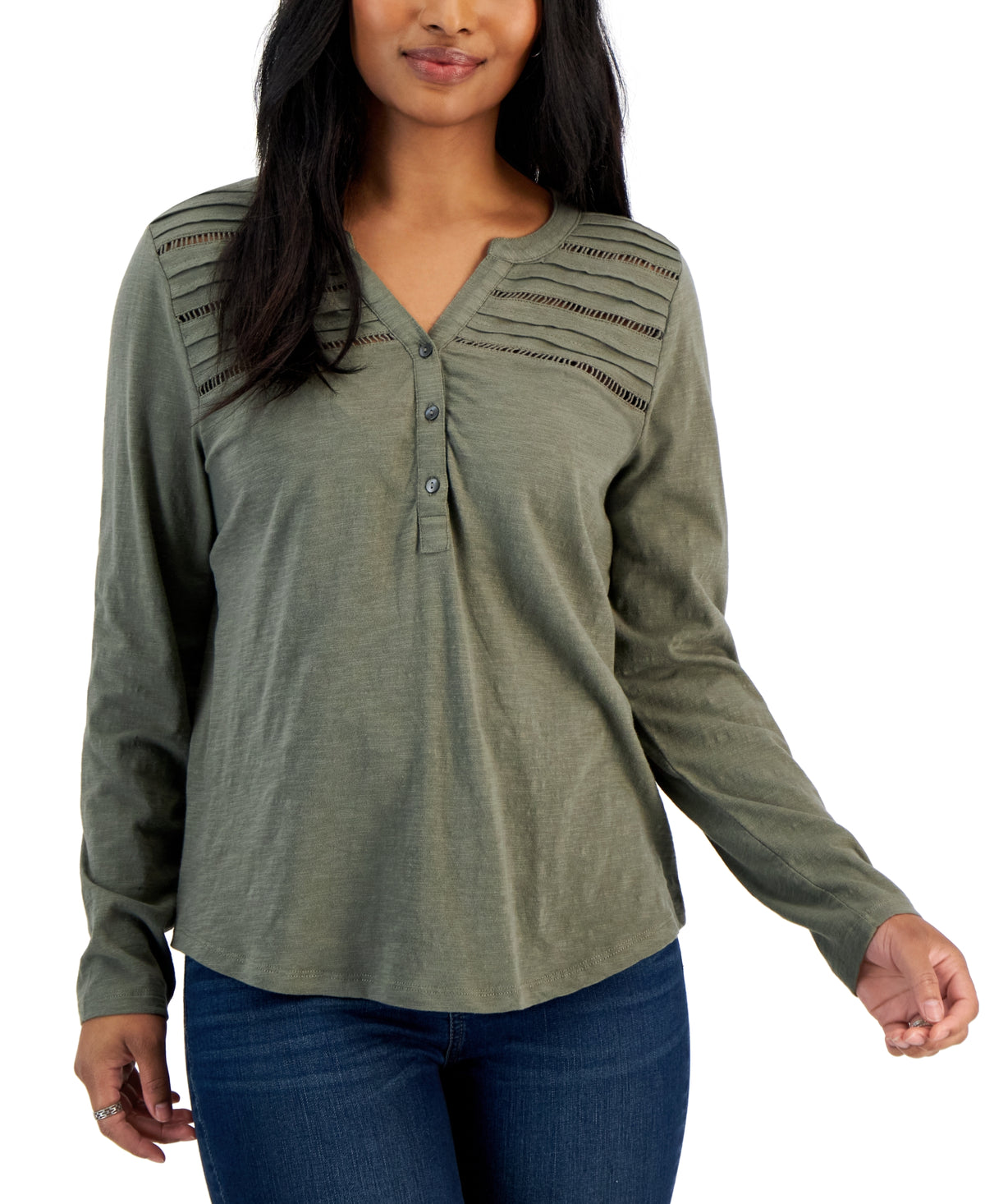 Petite Split-Neck Cotton Long-Sleeve Shirt