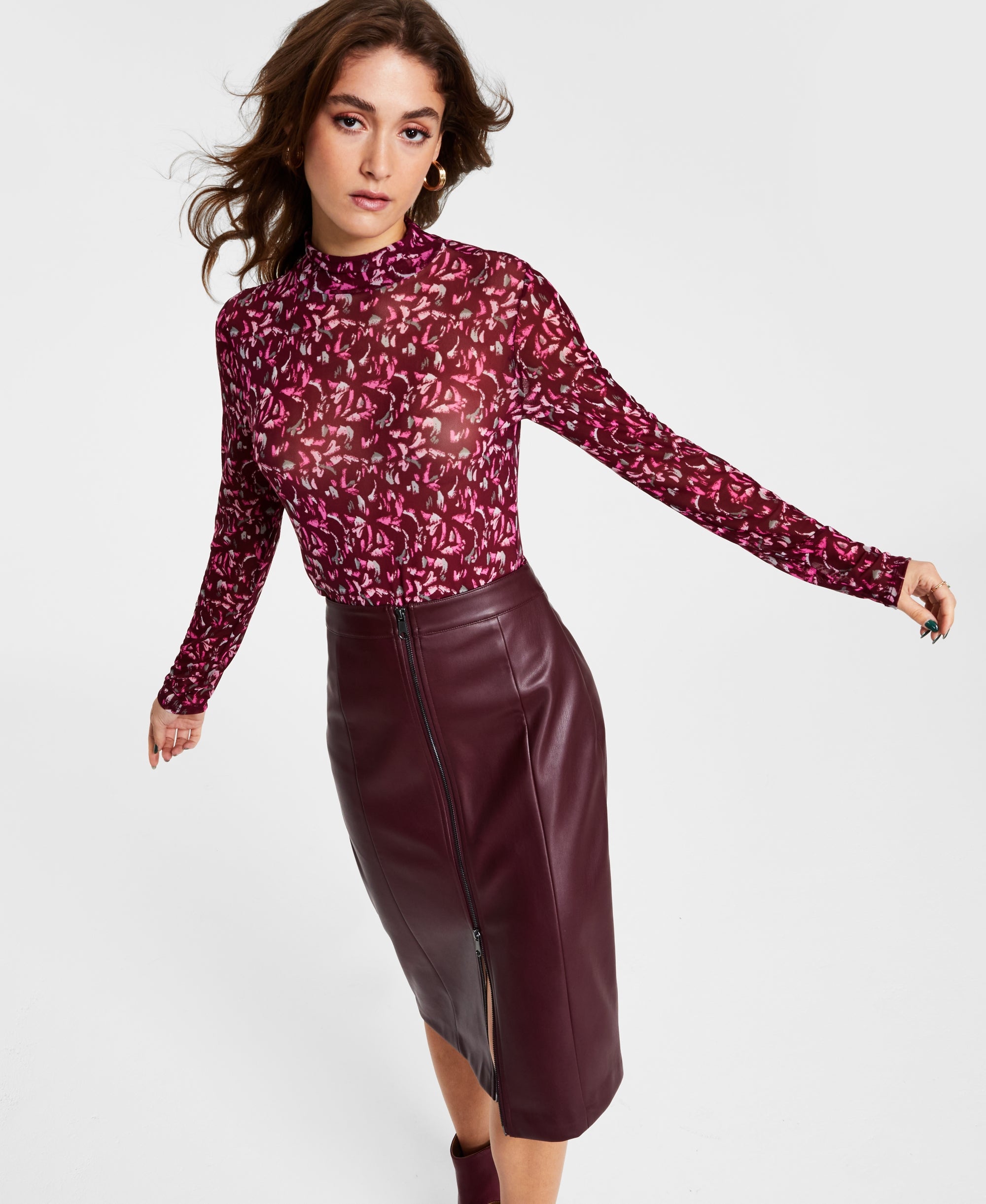 Women's Printed Mesh Mock-Neck Top Spckld Paint C M