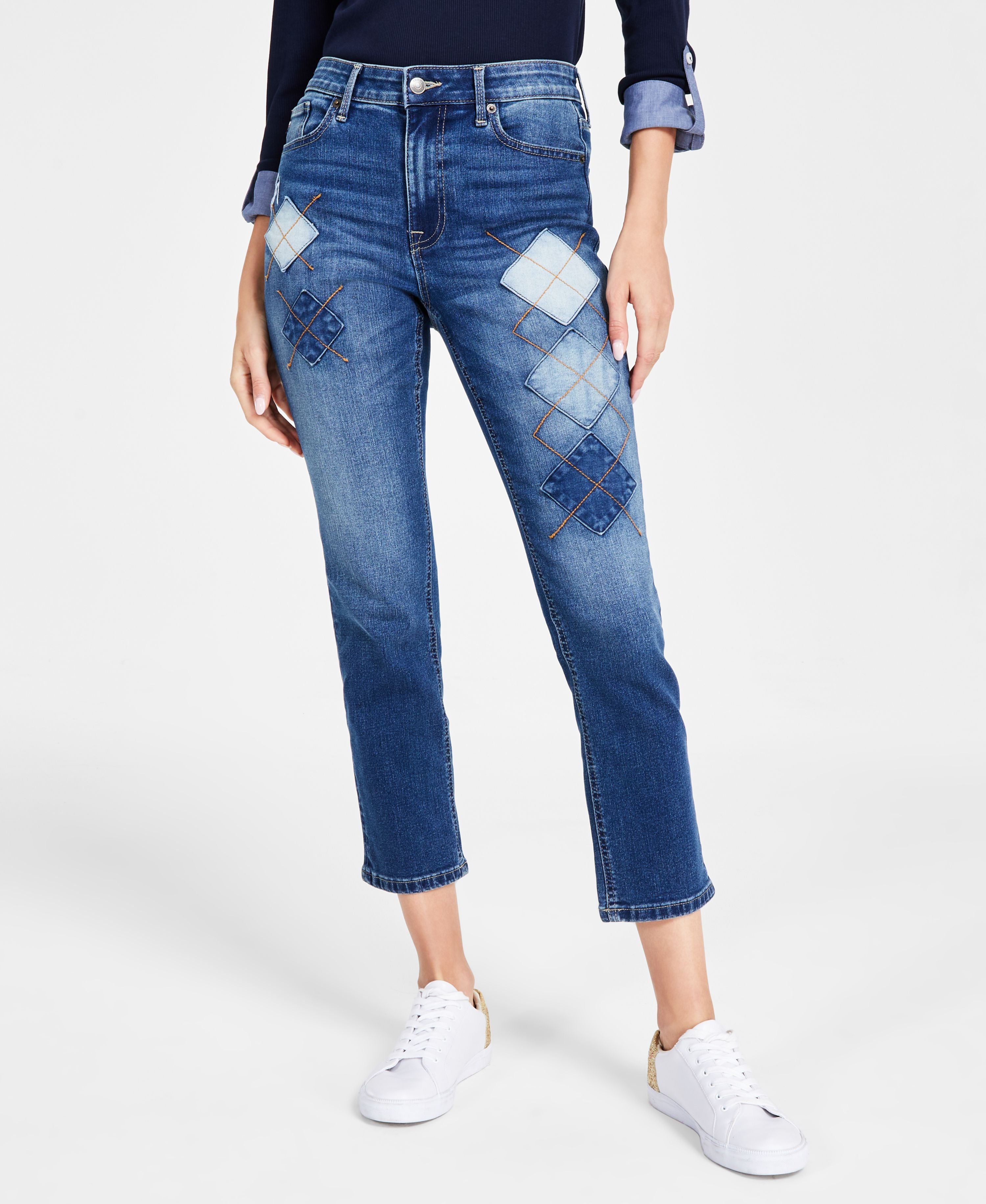 Women's Argyle-Patchwork Ankle Jeans